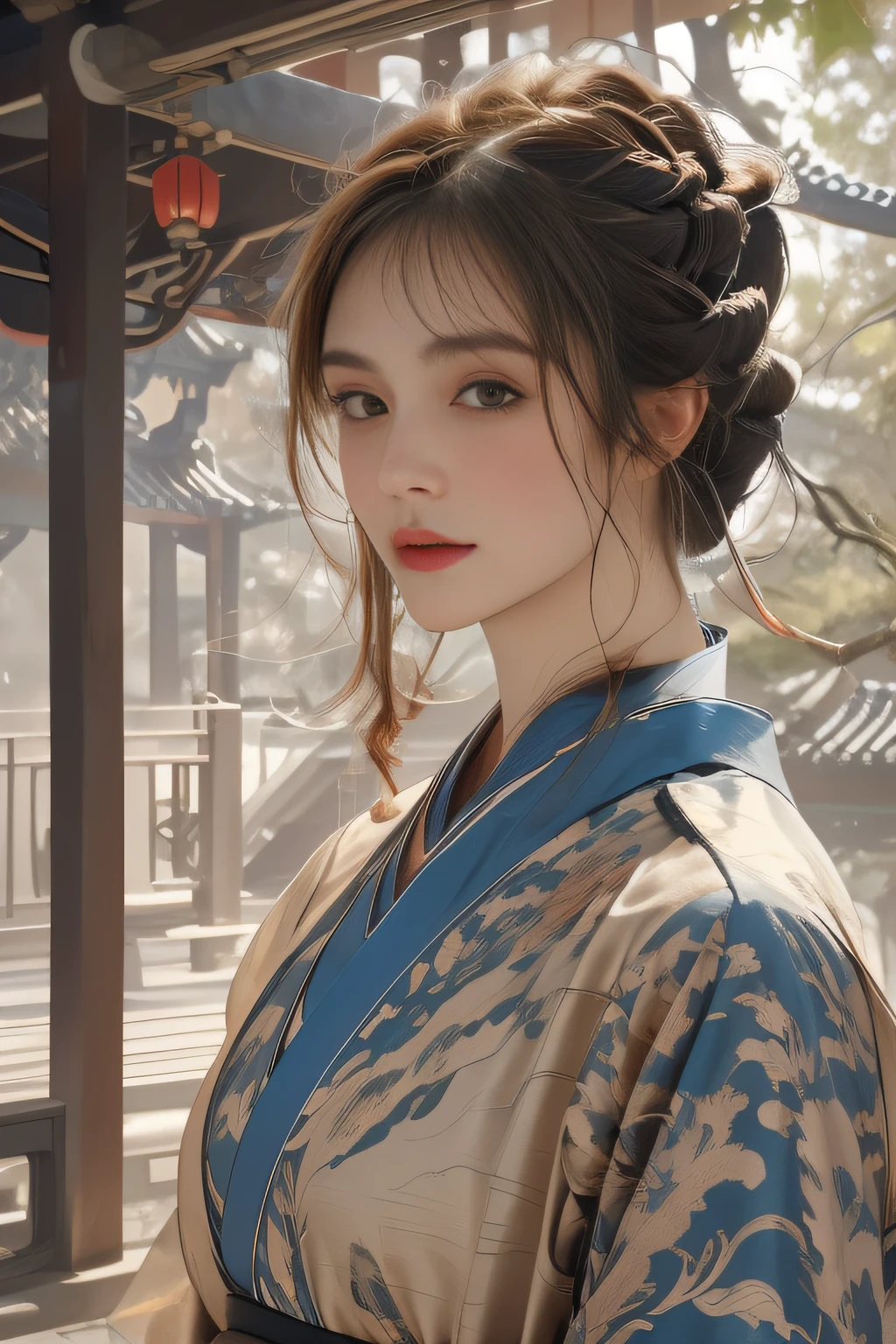 Best quality,Masterpiece,超高分辨率,(Realisticity:1.4),Original photo,Cinematic lighting,
NSFW, 1girll, 20 I, Solo, Model shooting pose, Medium breasts, , Blonde hair, bangs, Bun, (Tired short braids), hair adornments, Fair skin,  full bodyesbian,  , Pubic hair, midjourney portrait,  (Hanfu:1.39), Old East Asian architecture, china dress, Avatar, lois van baarle, Ilya Kuvshinov, rossdraws, tom bagshaw, Global illumination, radiant light, detailed and complex environment