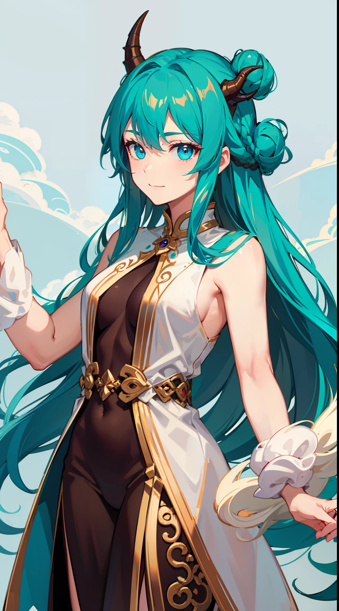 Adult woman, Long brown hair, hair in a bun, Cyan eyes, dragon horns, naked, ssmile, Masterpiece, hiquality