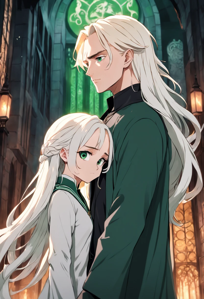 draco malfoy and his long curly white hair lover, slytherin, anime style
