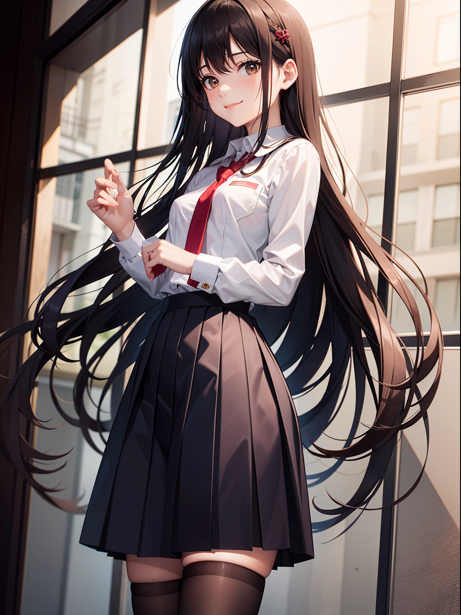 Masterpiece, ultra quality, ultra detail, 18yo, pale skin, back long hair, small breasts, brown eyes,white shirt school uniform, dark blue long skirt school uniform, red tie school uniform, transparent black long stockings, shy smile, from front