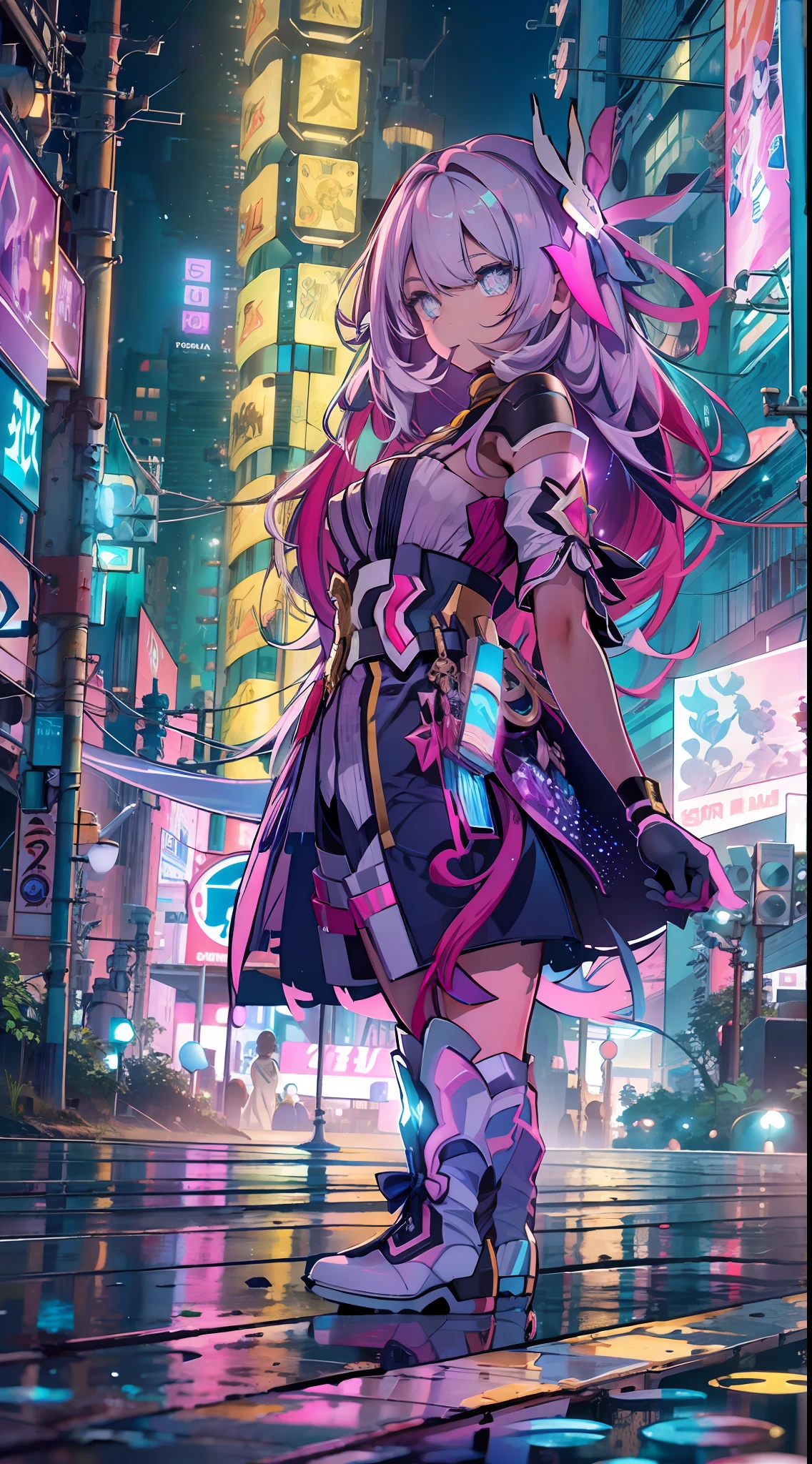 Noite, Fundo colorido da cidade cyberpunk, menina de rua, elysia,honkai impact, olhos azuis, olhos brilhantes, Meias pretas, retroiluminado, brilhar, Surveying the audience, Low angle lens, olhando para cima lente, perfect composition, delicadeza perfeita de luz e sombra, 8k