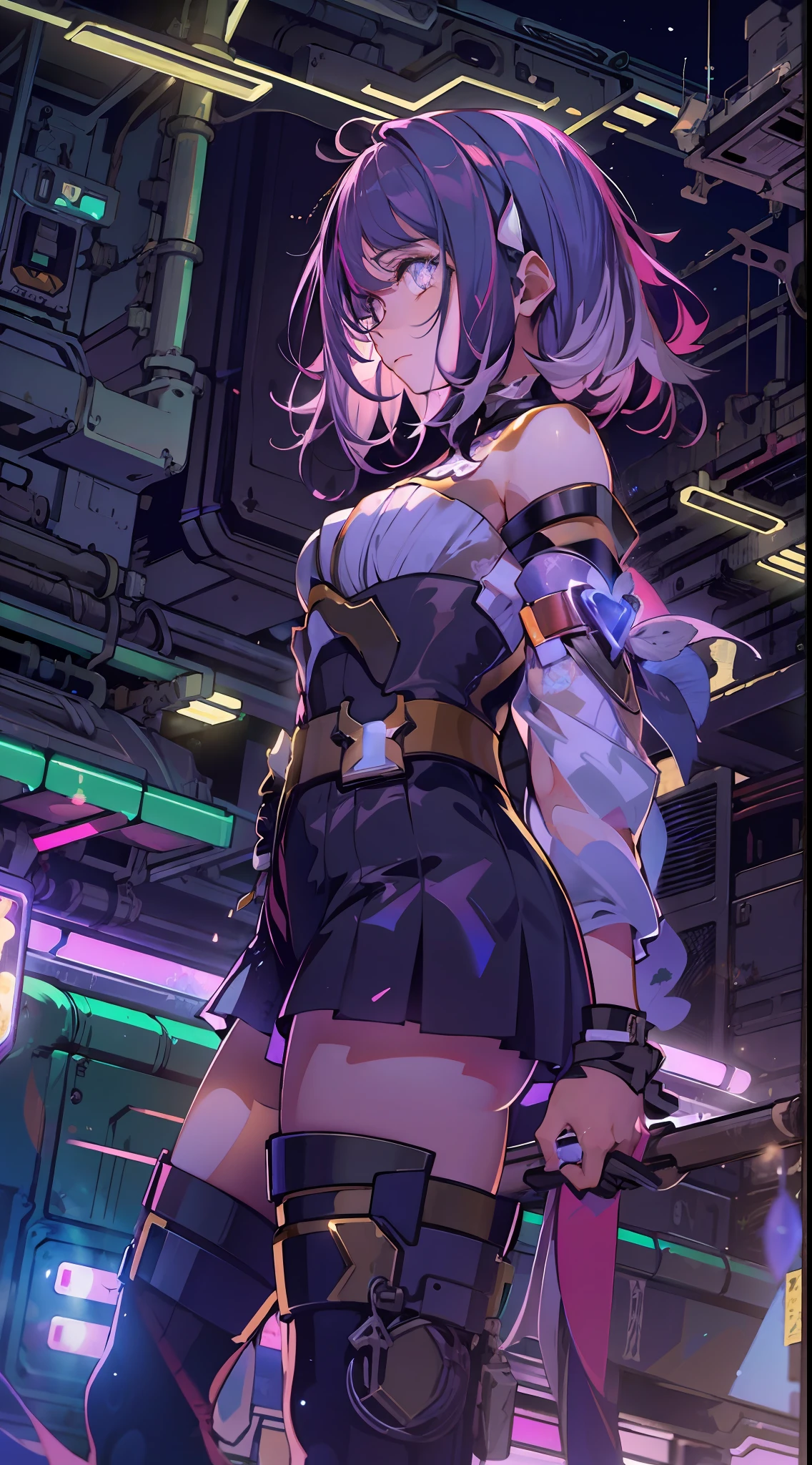 Noite, Fundo colorido da cidade cyberpunk, menina de rua, elysia,honkai impact, olhos azuis, olhos brilhantes, Meias pretas, retroiluminado, brilhar, Surveying the audience, Low angle lens, olhando para cima lente, perfect composition, delicadeza perfeita de luz e sombra, 8k