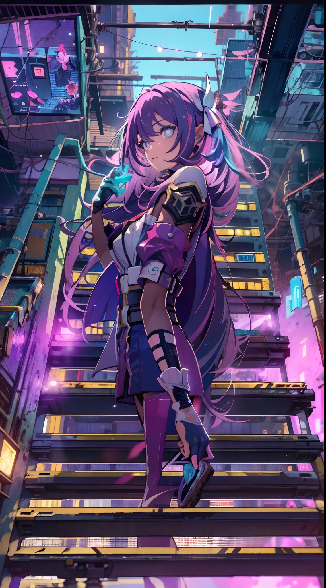 Noite, Fundo colorido da cidade cyberpunk, ****** de rua, elysia,honkai impact, olhos azuis, olhos brilhantes, Meias pretas, retroiluminado, brilhar, Surveying the audience, Low angle lens, olhando para cima lente, perfect composition, delicadeza perfeita de luz e sombra, 8k