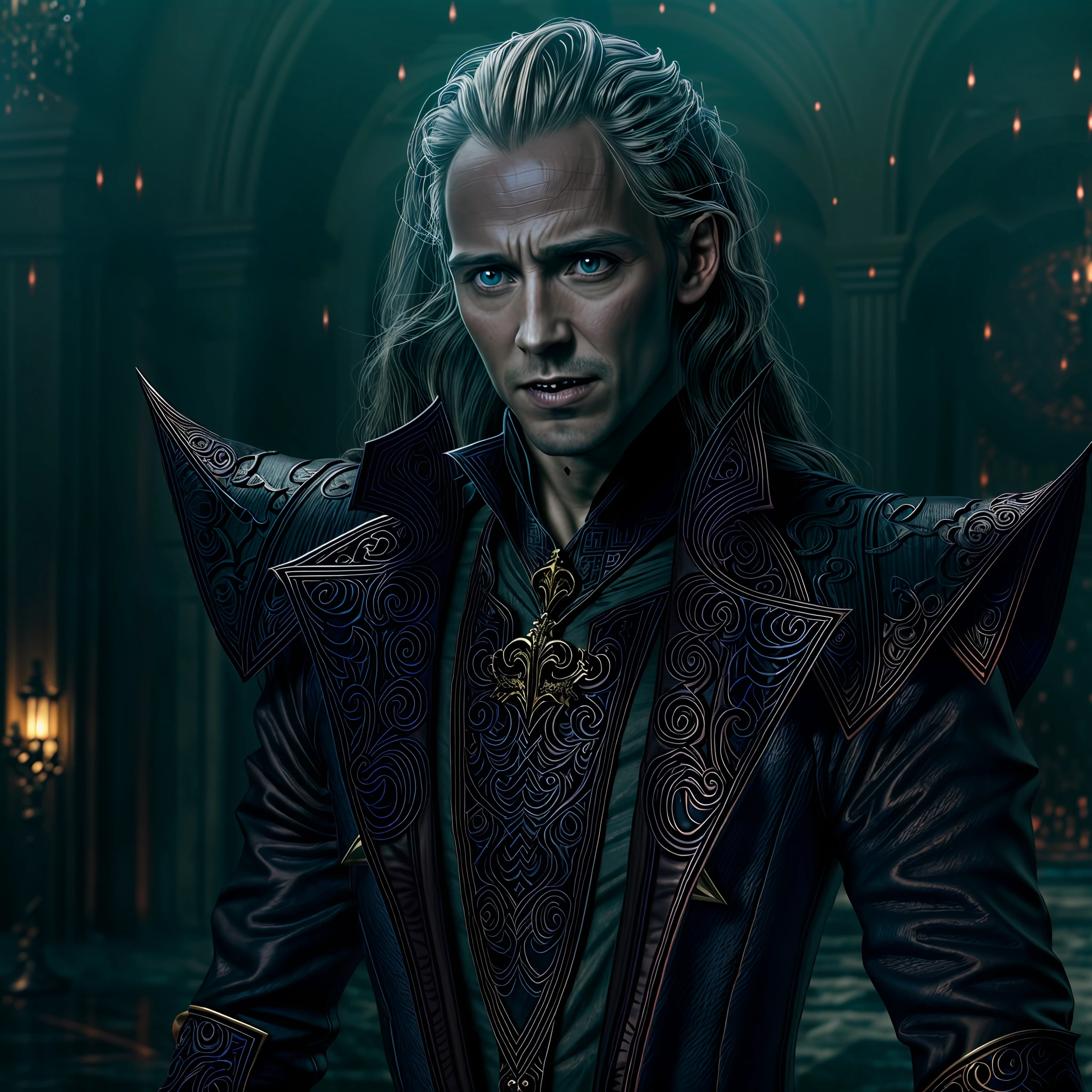 (masterpiece, gothic fantasy depiction:1.3), (captivating image of two vampires with sharp fangs: 1.2), inspired by the film \(Only Lovers Left Alive\), Tilda Swinton, Tom Hiddleston, Cinematic, Hyper-detailed, insane details, Beautifully color graded, Unreal Engine, DOF, Super-Resolution, Megapixel, Cinematic Lightning, Anti-Aliasing, FKAA, TXAA, RTX, SSAO, Post Processing, Post Production, Tone Mapping, CGI, VFX, SFX, Insanely detailed and intricate, Hyper maximalist, Hyper realistic, Volumetric, Photorealistic, ultra photoreal, ultra-detailed, intricate details, Super detailed, Full color, Volumetric lightning, HDR, Realistic, Unreal Engine, 16K, Sharp focus, Octane render
