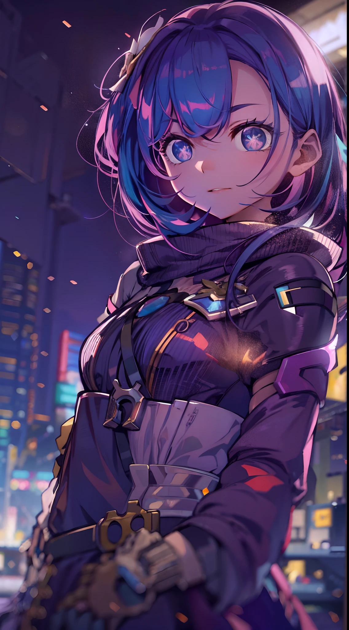 Noite, Fundo colorido da cidade cyberpunk, menina de rua, elysia,honkai impact, olhos azuis, olhos brilhantes, Meias pretas, retroiluminado, brilhar, Surveying the audience, Low angle lens, olhando para cima lente, perfect composition, delicadeza perfeita de luz e sombra, 8k