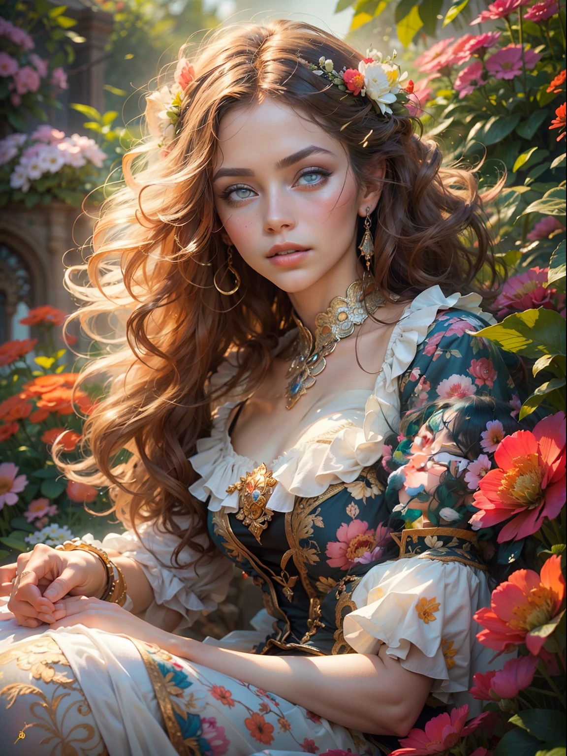 This artwork is colorful and exciting with lots of action and visual interest. Generate a strong and proud woman dressed in colorful victorian dress style and realistic skin and hair texture. Her eyes are beautiful and realistically shaded and her face is very proud and highly detailed with red puffy lips and a huge mouth. Important: Her eyes are important and should be the highest resolution, extremely detailed, and awe-inspiring, with multiple colors and shades. The background of the image is magical garden where she's having picnic. This image is highly ornate and full of detail. Include fantasy details, enhanced details, iridescence, colorful glittering wind. Pay special attention to her face and make sure it is beautifully and realistically detailed. 8k, intricate, elegant, highly detailed, majestic, digital photography, art by artgerm and ruan jia and greg rutkowski, (masterpiece, finely detailed beautiful eyes: 1.2), hdr, realistic skin texture, rays of light, ornate flowers, dew drops, sunlight, hazy rays of sun, flowergateway style, castle, palace, archway, flowers, growing