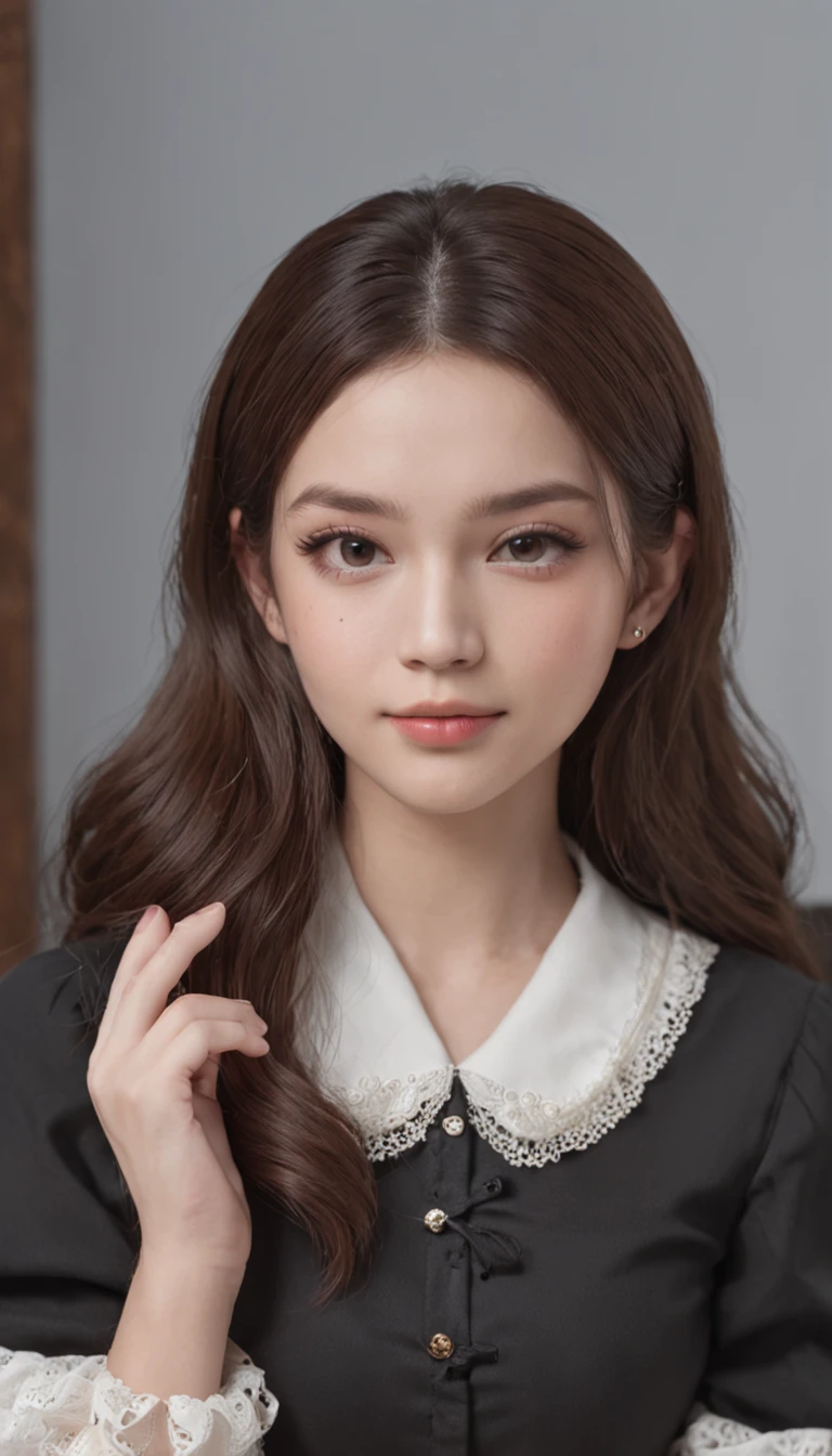 best qualtiy，tmasterpiece，超A high resolution，(Photorealsitic),（realisticlying：1.4），RAW photogr，1girll，(Full body photo，inside in room，sit a chair，legs crossed)，good looking face，slim，Dignified，Small fresh，（White collar blouse，Black short skirt），ssmile，cabelos preto e longos，Beautiful Hair Accessories，Beautiful teenage girl，Detailed scene, beautiful digital illustrations, detaileds，ultra-detailliert, cinematic quality, (Beauty and aesthetics，big breasts beautiful)，Correct hand，anatomy correct, ((From below))