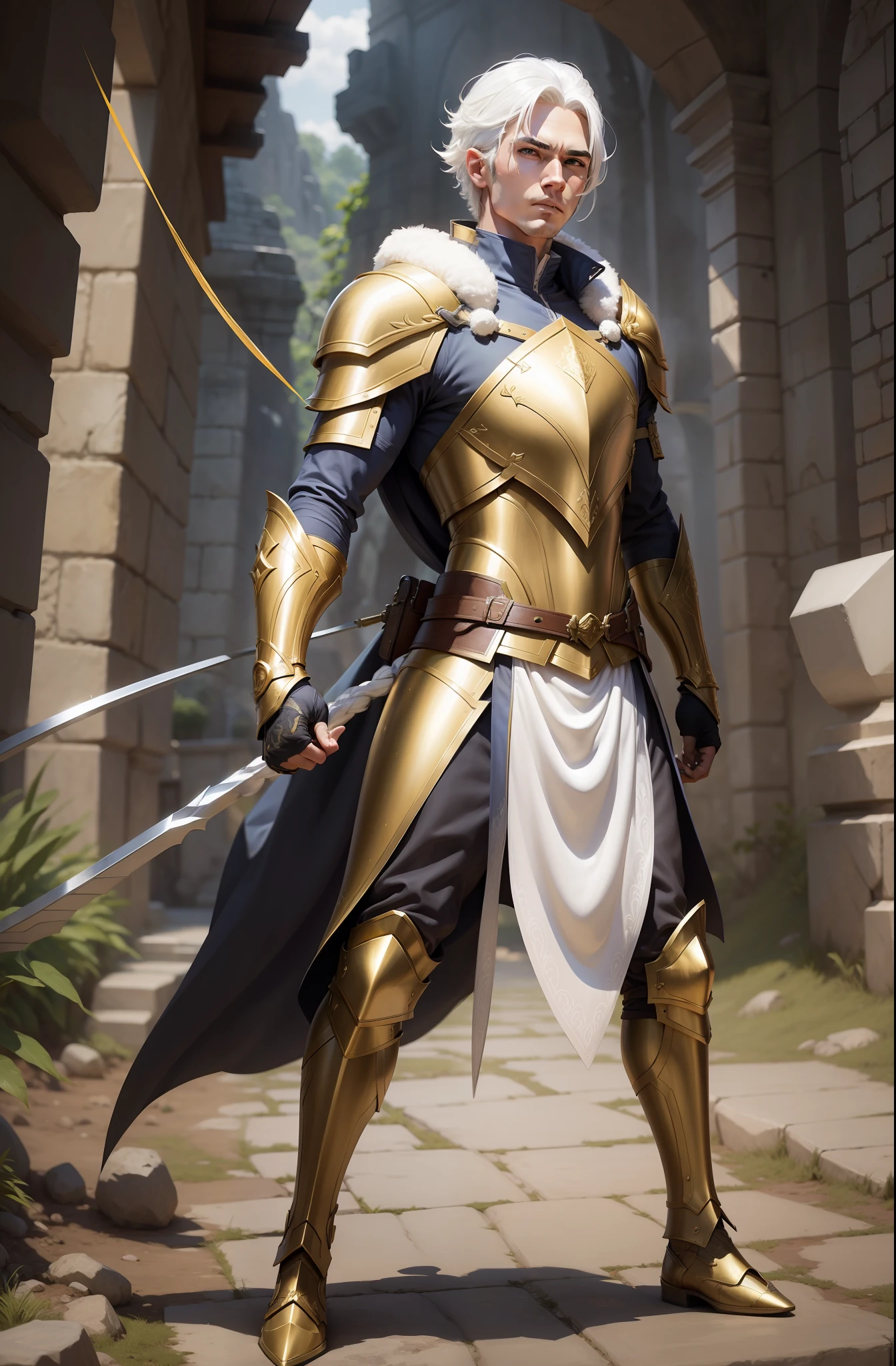 man Archer Fantasy action golden armor brave white hair full body shield