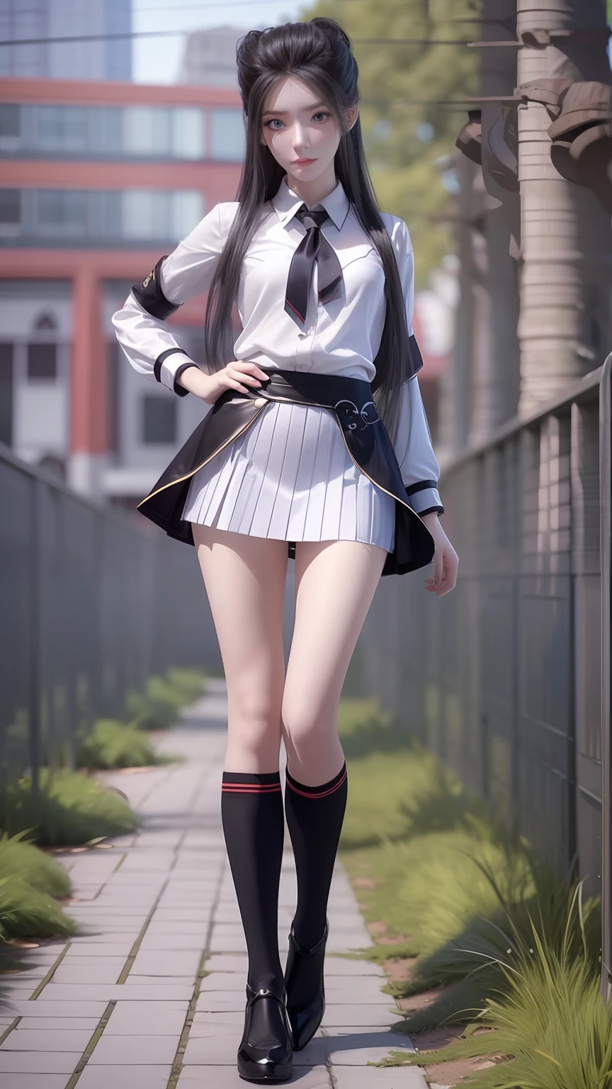 Arad woman posing for photo in short skirt and white shirt, Surrealism female students, Surrealism female students, Realistic schoolgirl, photorealistic anime girl rendering, thighhighs and skirt, 3 d anime realistic, small curvaceous loli, wearing skirt and high socks, Photorealistic anime, cute female student, Realistic anime 3 D style, female student