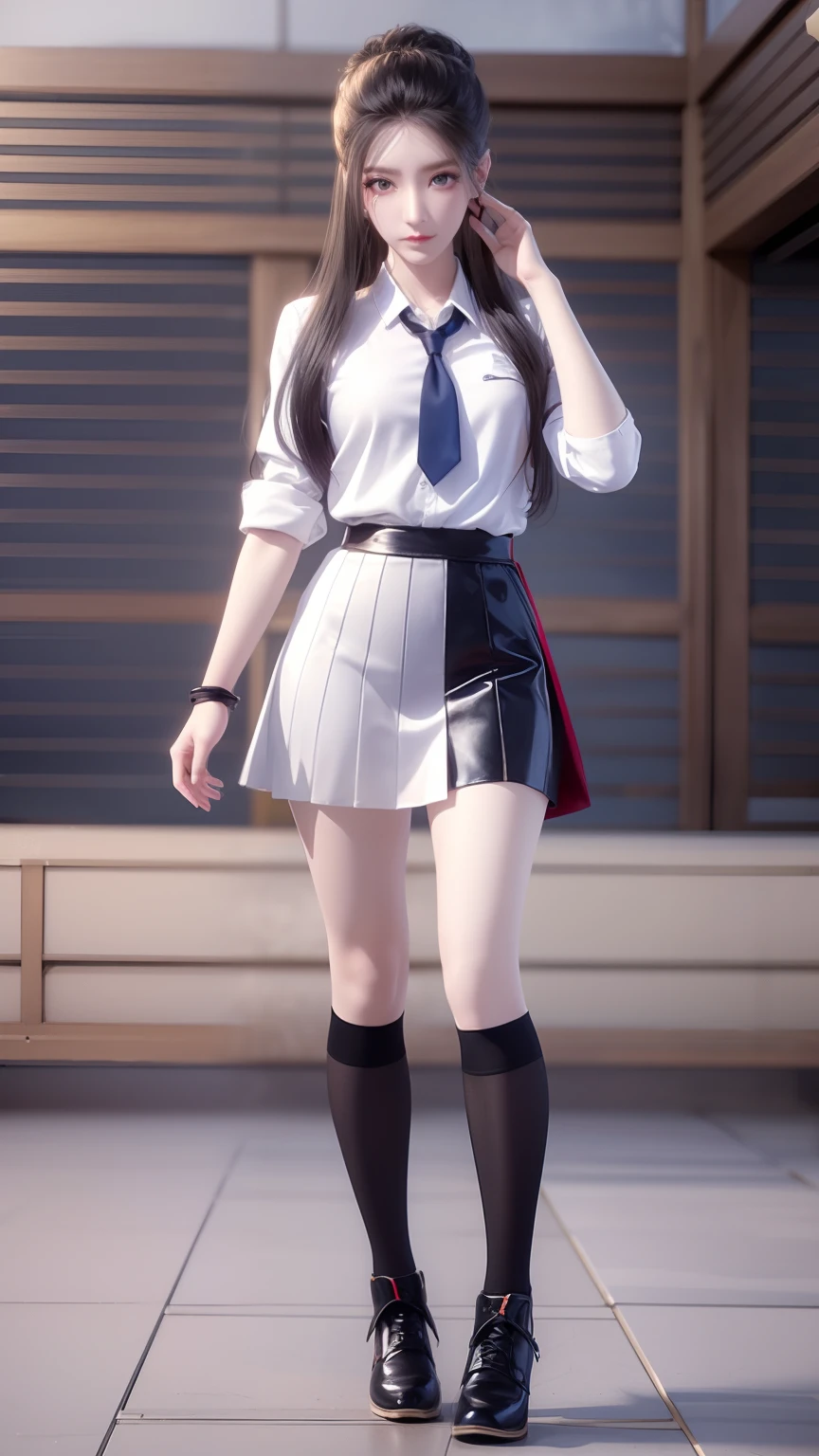 Arad woman posing for photo in short skirt and white shirt, Surrealism female students, Surrealism female students, Realistic schoolgirl, photorealistic anime girl rendering, thighhighs and skirt, 3 d anime realistic, small curvaceous loli, wearing skirt and high socks, Photorealistic anime, cute female student, Realistic anime 3 D style, female student