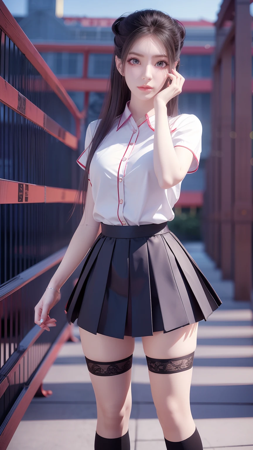 Arad woman posing for photo in short skirt and white shirt, Surrealism female students, Surrealism female students, Realistic schoolgirl, photorealistic anime girl rendering, thighhighs and skirt, 3 d anime realistic, small curvaceous loli, wearing skirt and high socks, Photorealistic anime, cute female student, Realistic anime 3 D style, female student