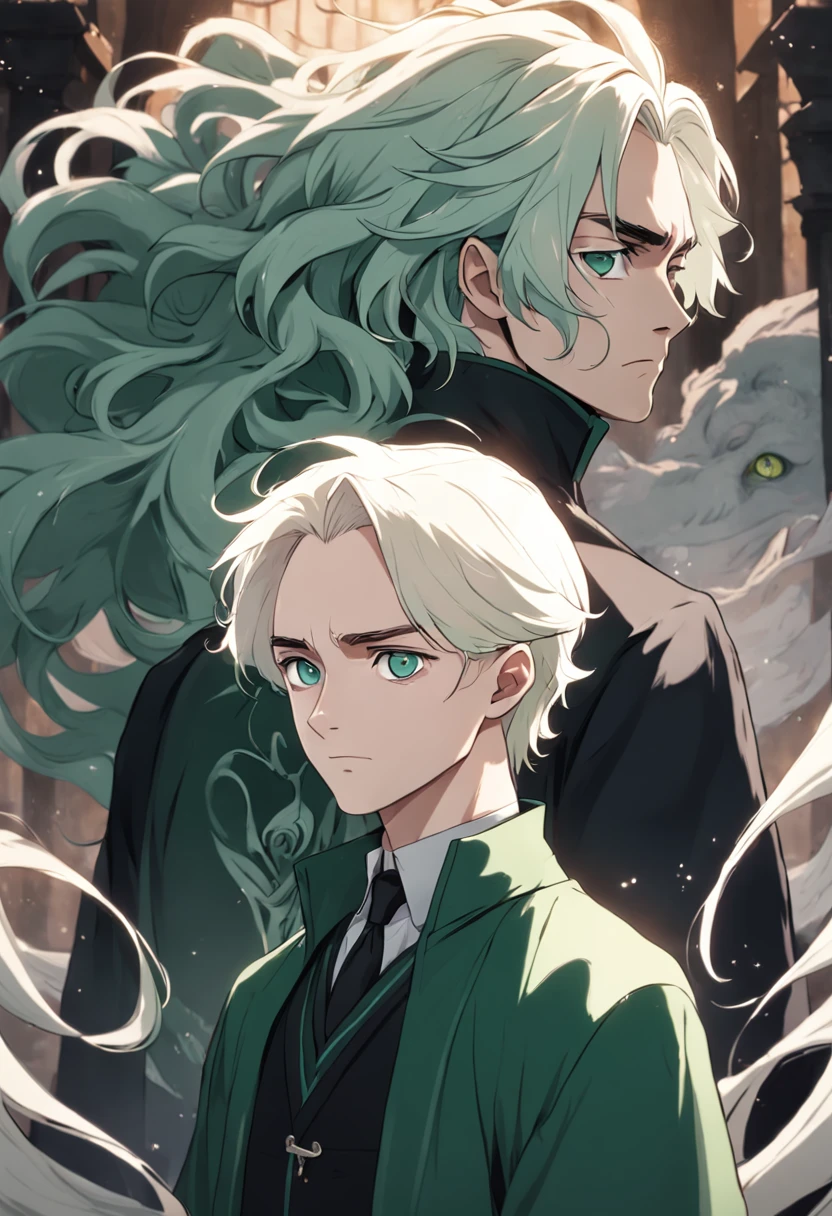 draco malfoy and his curly white hair lover, slytherin, anime style