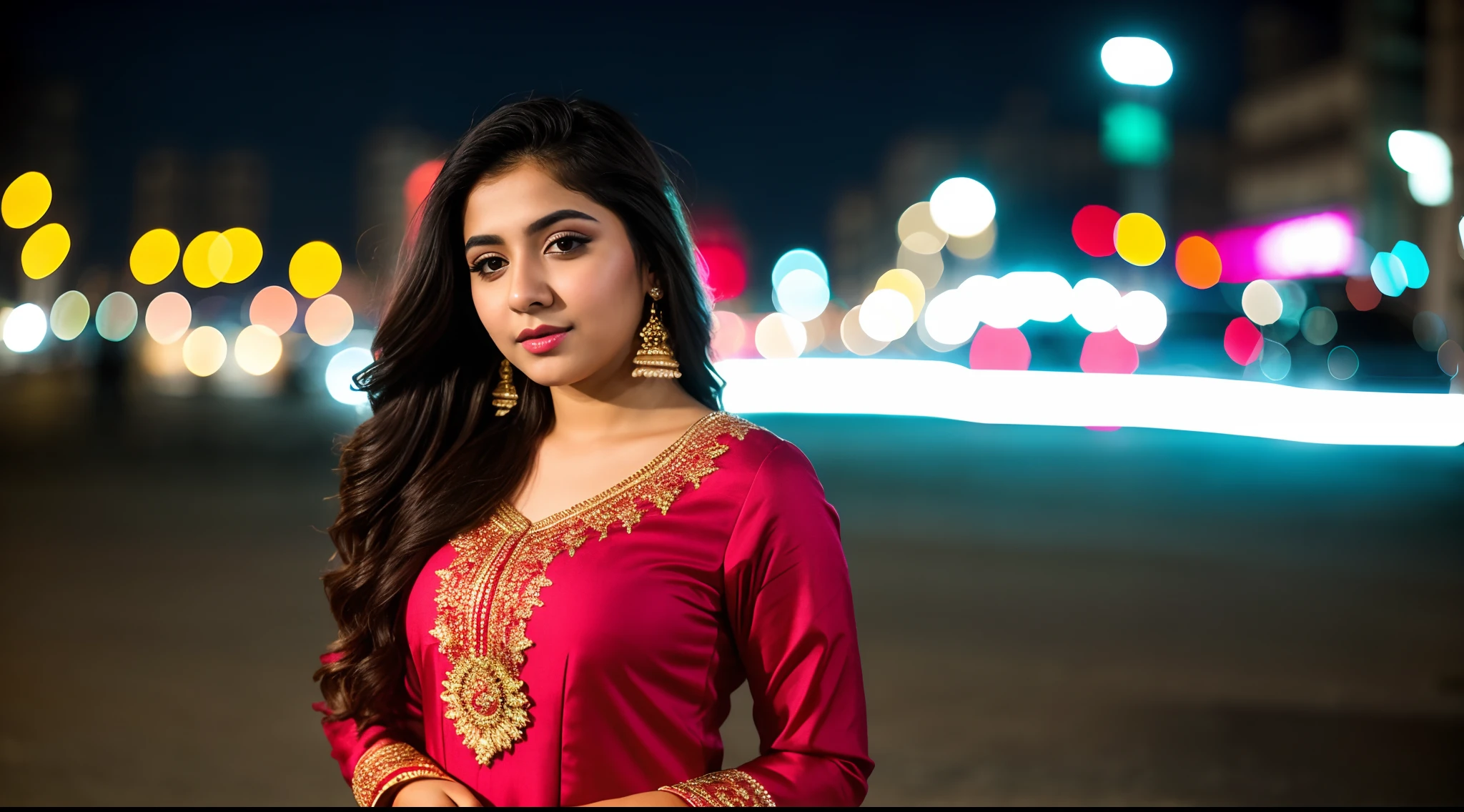 instagram photo, full body closeup face photo of 18 y.o baloch woman in dress, beautiful face, makeup, night city street, bokeh, motion blur