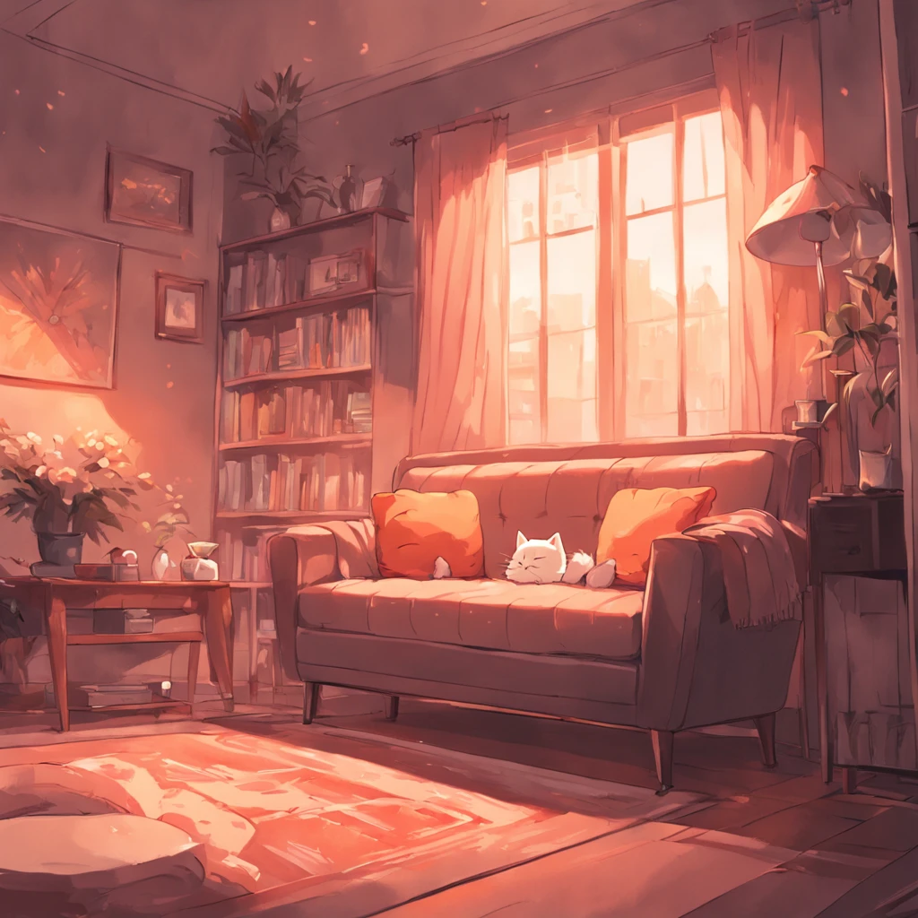 There was a cat lying on a chair in the room, cozy place, relaxing on the couch, cozy home background, a cat sitting in a chair, relaxing on the couch, inside a cozy house, sitting in the couch, cozy living room background, lo-fi illustration style, in a comfortable chair, at the sitting couch, sitting in the couch