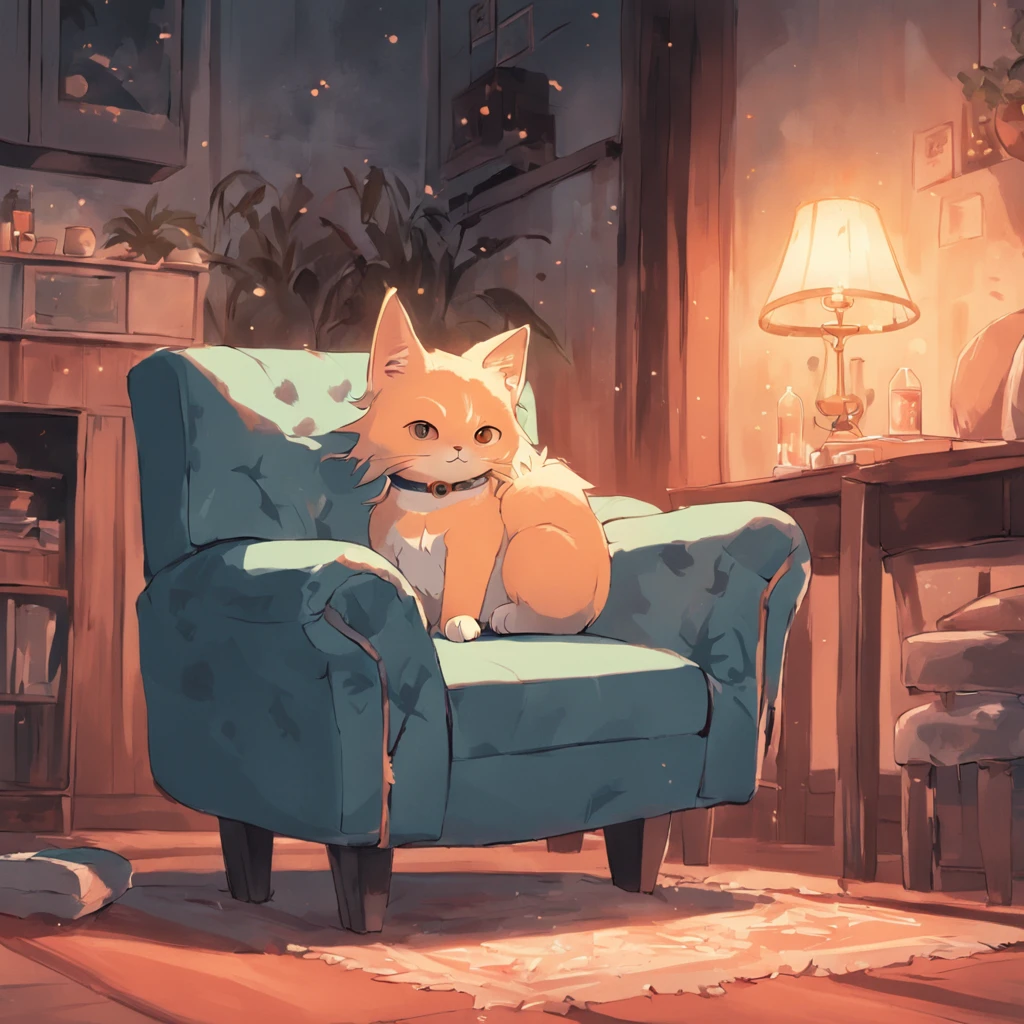 There was a cat lying on a chair in the room, cozy place, relaxing on the couch, cozy home background, a cat sitting in a chair, relaxing on the couch, inside a cozy house, sitting in the couch, cozy living room background, lo-fi illustration style, in a comfortable chair, at the sitting couch, sitting in the couch