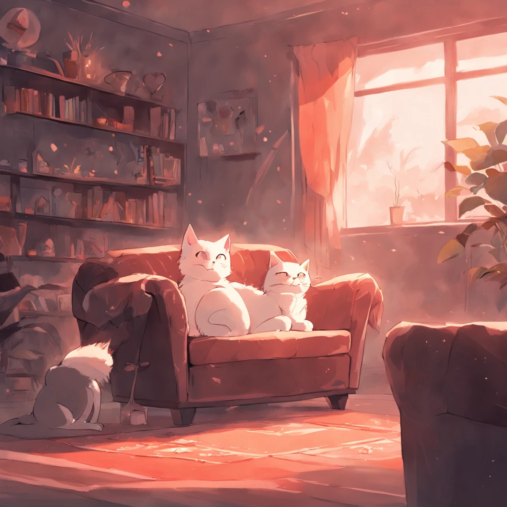 There was a cat lying on a chair in the room, cozy place, relaxing on the couch, cozy home background, a cat sitting in a chair, relaxing on the couch, inside a cozy house, sitting in the couch, cozy living room background, lo-fi illustration style, in a comfortable chair, at the sitting couch, sitting in the couch
