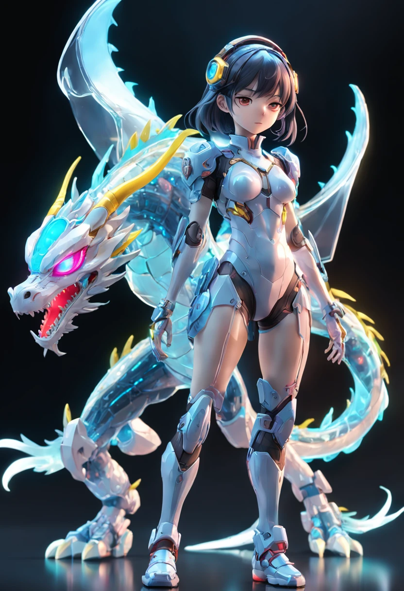 chinesedragon, (Blind box toy style:1.2), (Full body shot) , 1 Transparent girl,Behind him is a transparent Chinese dragon, Transparent mech, Exquisite helmet:1.2, Luminous goggles:1.2, Cyberpunk, dreamy glow, luminous neon lights, Clean, White background, ( Global illumination, Ray traching, hdr, unreal render,reasonable design, high detal, Masterpiece, Best quality, hyper HD, Cinematic lighting)