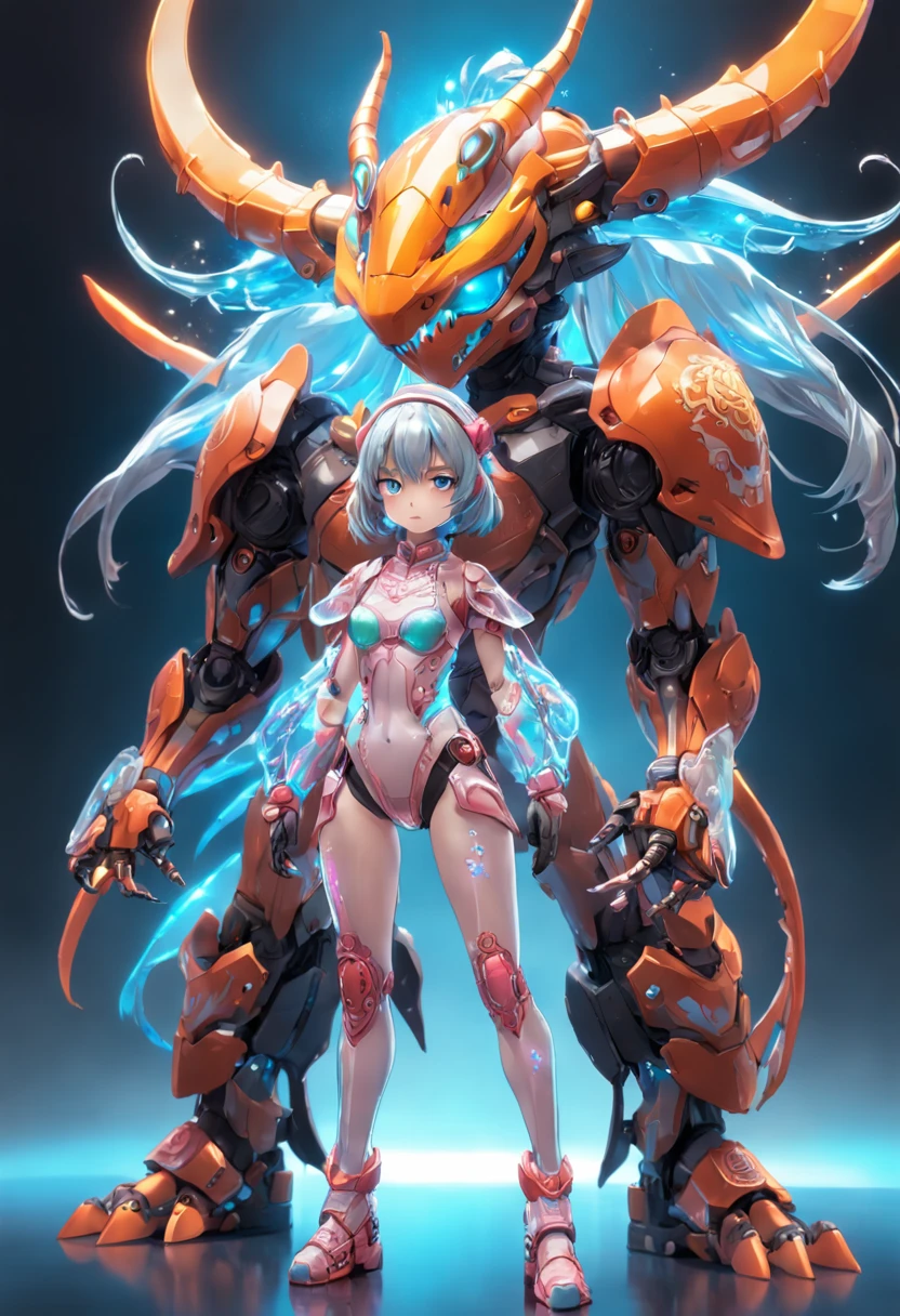 chinesedragon, (Blind box toy style:1.2), (Full body shot) , 1 Transparent girl,Behind him is a transparent Chinese dragon, Transparent mech, Exquisite helmet:1.2, Luminous goggles:1.2, Cyberpunk, dreamy glow, luminous neon lights, Clean, White background, ( Global illumination, Ray traching, hdr, unreal render,reasonable design, high detal, Masterpiece, Best quality, hyper HD, Cinematic lighting)