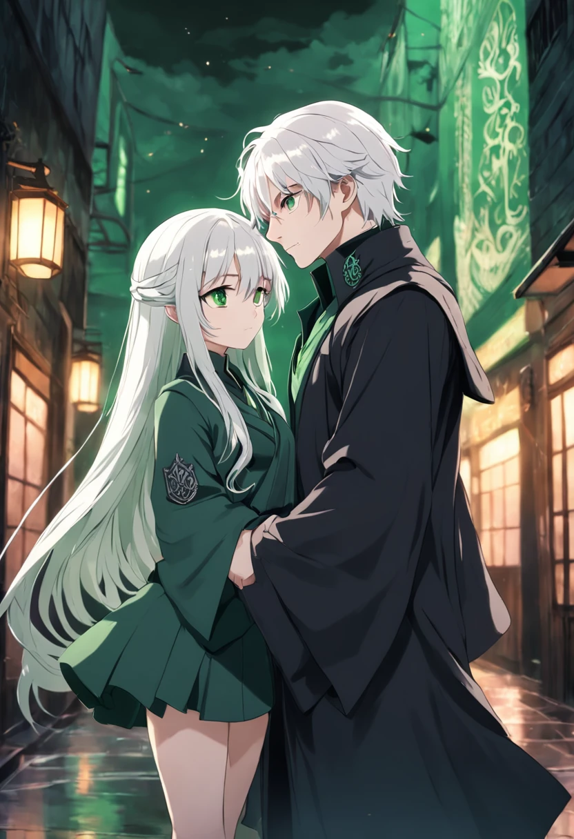 slytherin couple with white hair and green eyes anime style