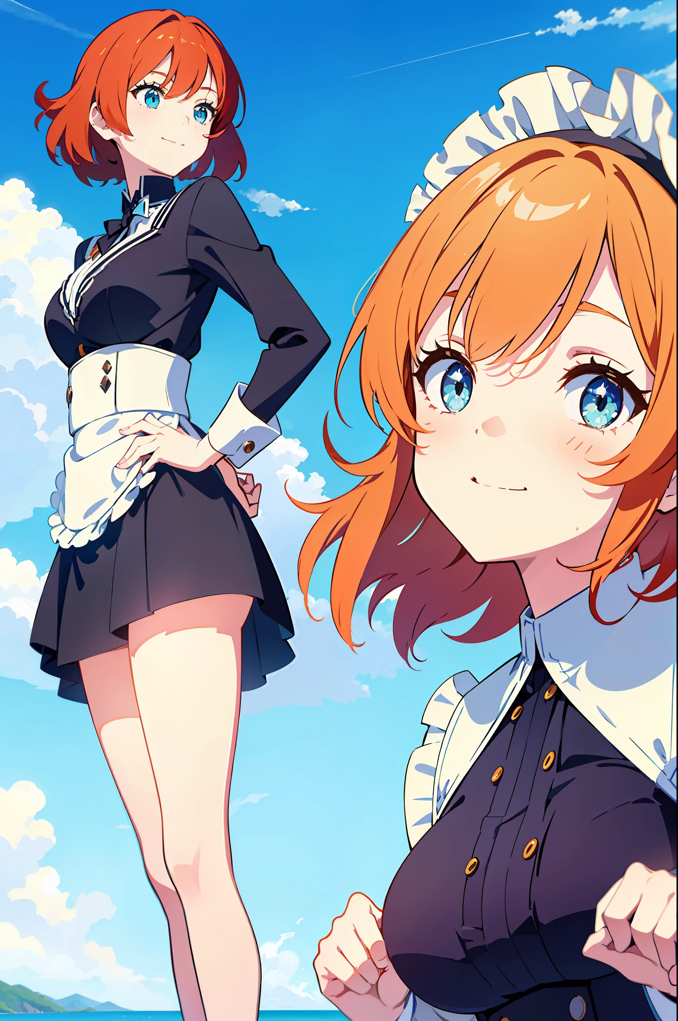 Beautiful anime-style illustrations，Beautiful blue sky and white cloud background，Wide perspective，Two teenage girls standing in front of the background，On the left of the camera is a girl with orange hair and bangs，Green eyes，Wearing a black maid outfit，The orange-haired girl smiled and looked at the camera with both hands Biye！The eyes are wide open，Very cute，On the right of the camera is a girl with short pink hair，blue color eyes，Wearing a pair of glasses，voluptuous figure，Wearing a black secretarial outfit，Fair legs wearing black silk，A pair of black high heels，The girl with short pink hair held her hands to her chest and pursed her mouth and smiled gently