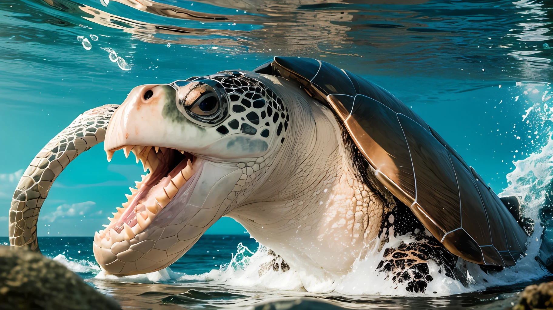 Create an ultra-realistic image that portrays an awe-inspiring and epic scene: a giant turtle with intricate scales and varied textures emerges gracefully from the crystal-clear waters of a vast and serene ocean, Its shell is a masterpiece of detail, displaying natural markings and wear that reveal its history, The turtle is so massive that a fearless man, adorned in rugged explorer attire and a look of admiration, is mounted atop it, He confidently holds makeshift reins, showcasing a unique bond between human and creature, The golden sunlight of late afternoon bathes the scene, forging a profound interplay between light and shadow, The gentle reflections on the turtle's scales and the droplets of water cascading from it, as they mix with the marine mist, provide a vivid sense of presence, The water around the turtle is so clear that details of the ocean floor are visible, from colorful corals to exotic fish that swim with curiosity, The focused expression on the man's face captures his fascination with the majestic creature and the feeling of exploration in a magical world, The man's hair flutters softly in the wind, and tiny water droplets sprinkle his face, In the background, in the distance, the horizon seamlessly melds into the sky, where shades of orange and pink blend, creating a dazzling sight, Ensure that each detail, from the intricacies of the turtle's scales to the expression on the man's face and the colors of the landscape, is rendered with photographic precision, Convey the immensity of the ocean and the magical relationship between the giant turtle and the exploring man, Let the emotion and wonder of this unique encounter shine through in the image. --auto --s2