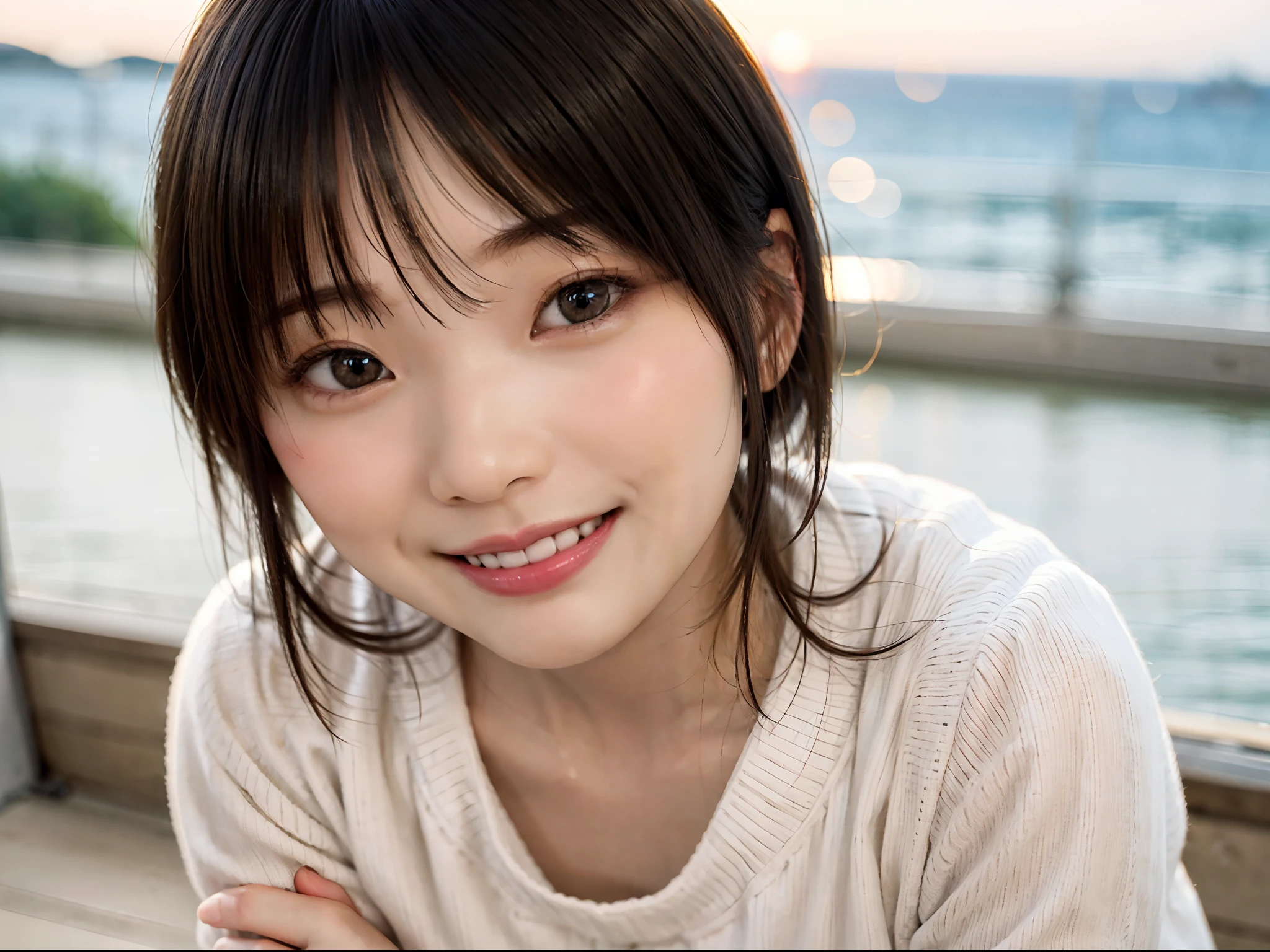 Japan girls in casual clothes、Watch your audience、Pose with a smile(top-quality、Master masterpiece)))、High Definition、ighly detailed、Master masterpiece、Movie Lighting、(8K、top-quality、Master masterpiece:1.2)、(Real、Photorealsitic:1.37) Hi-Res、Super Detail、1girl in 、Woman with glasses、Thin frame round glasses、Light colored glasses frames、Asian, cute little, Cute face, Solo, Short hair 1.2, Textured skin, Beautiful smile, Beautiful detailed evening sky, Sunset, Movie Lighting, depth of fields, Lens flare light、Sitting、Dating、(blush nose)、(Smiling face:1.15)、(Mouth closed)tiny chest、Beautiful eye for detail、(Sweaters:1.1)、evening、(Short hair:1.2)、Floating hair Nova frog style、the beach, (Horizon, Beautiful sea, skyporn, Sunset:1.2),