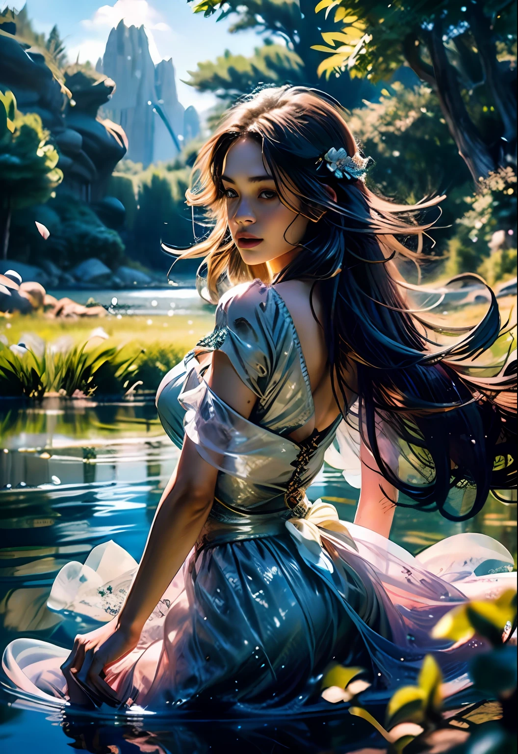 High quality fingers, Normal hands, Detailed fingers,Masterpiece, (Realistic, photo-realistic:1.37), (16 year old Korean girl), Translucent blue sari, Blue bra, Large flowers in the hair, Mountains, Lake, green trees, Clouds, Medium breast, Small waist, Dark black hair, Beautiful face, lighting perfect, Beautiful and delicate hazel eyes,view the viewer, stunningly beautiful woman, Detailed hairstyle, Fantasy detailed background, Detailed fantasy background, (Sweat:1), Falling petals, open hair, Wind, glowworm, Bathe in the lake, boat, swans,gorgeous digital art, Very Beautiful Digital Art, Close the fantasy with water magic, beautiful fantasy art, beautiful digital painting, Beautiful digital illustration, Gorgeous digital painting