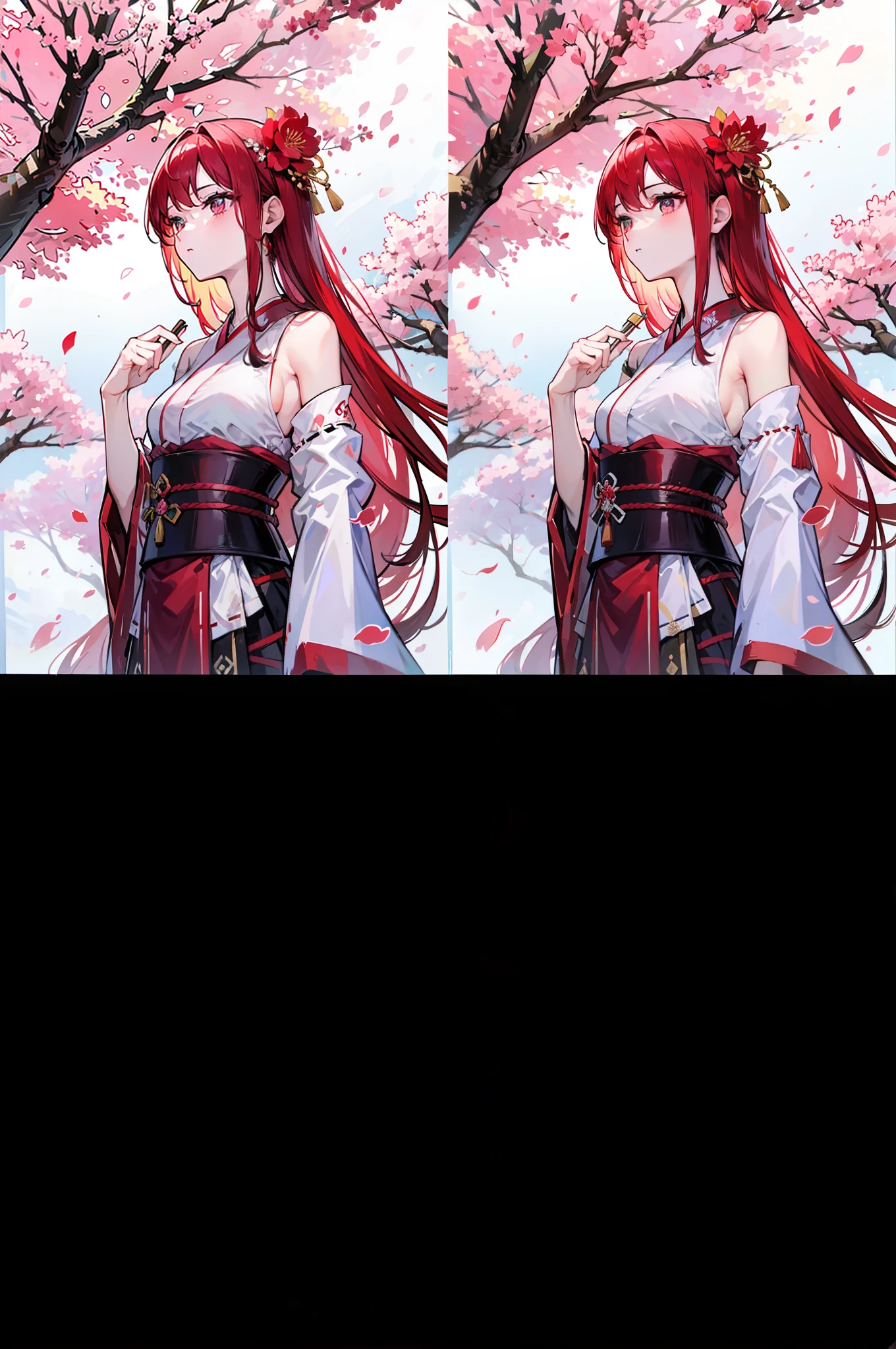 sakura season, under a sakura tree, sakura petals around her, cabelos preto e longos, Girl with long hair, The main body is red Hanfu, Decorated with golden Hanfu, The girl in red dressed in Hanfu, Realisticstyle