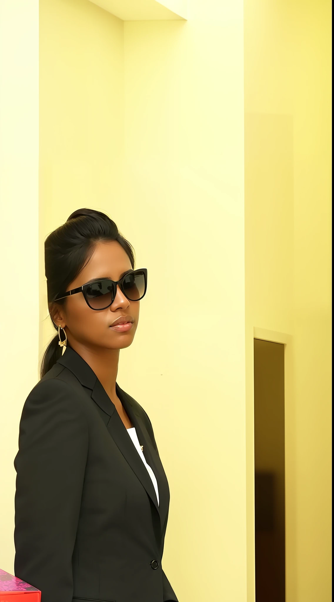 there is a woman in a black jacket and sunglasses standing in a room, with sunglass, in suit with black glasses, with sunglasses, in sun glasses, wearing a suit and glasses, taken with canon eos 5 d, shot on nikon d 3 2 0 0, wearing sunglasses, nivanh chanthara, wearing black business suit, taken with canon 8 0 d