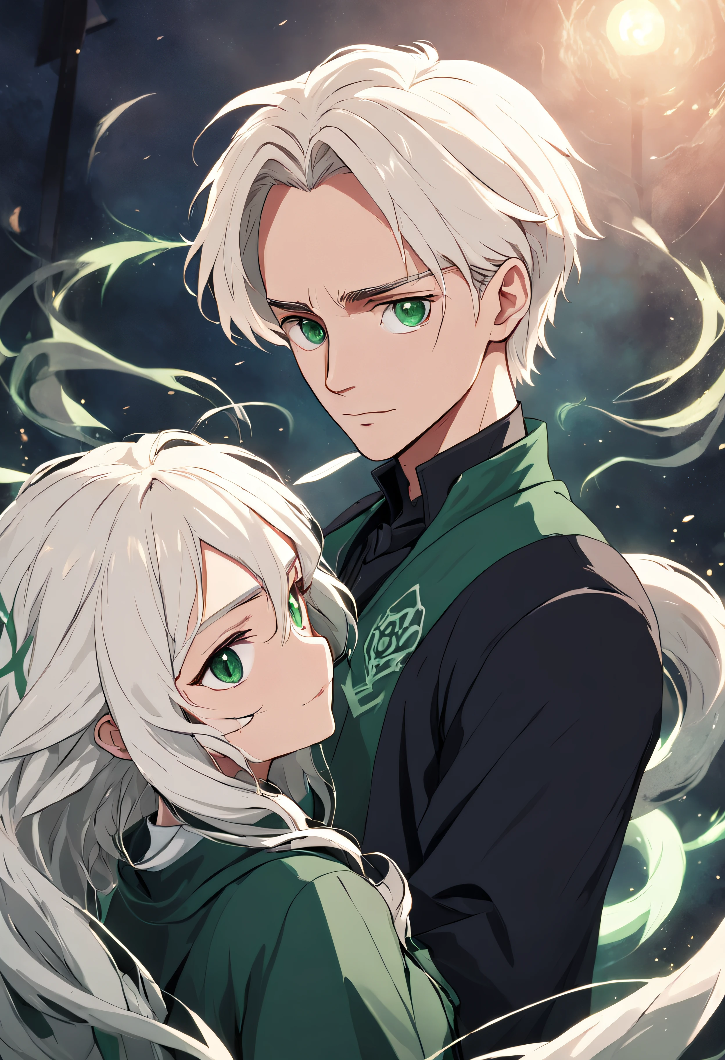 draco malfoy and his curly white hair lover, slytherin, anime style