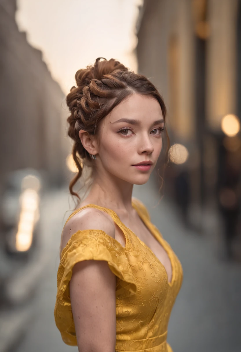 (dreads_Hairstyles:1.3),Woman posing for a photo, Wear an elegant, Yellow dress, nice hand,4K, High-res, Masterpiece, Best quality, Head:1.3,((Hasselblad photograp)), Fine fine skin, Sharp focus, (Cinematic lighting), Night, Soft lighting, Dynamic Angle, [:(Detailed face:1.4):0.2],(((Futuristic city))),
