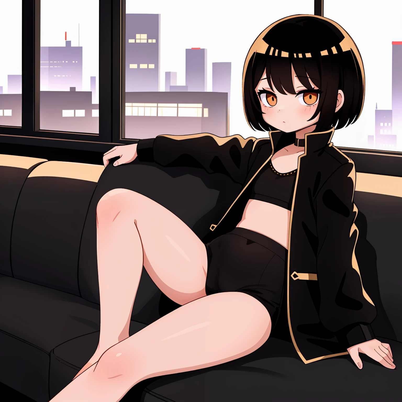 emo loli sitting on a gray sofa, small curvy loli, short hair, gold, black gold coat, black gold panties, huge window behind, city view