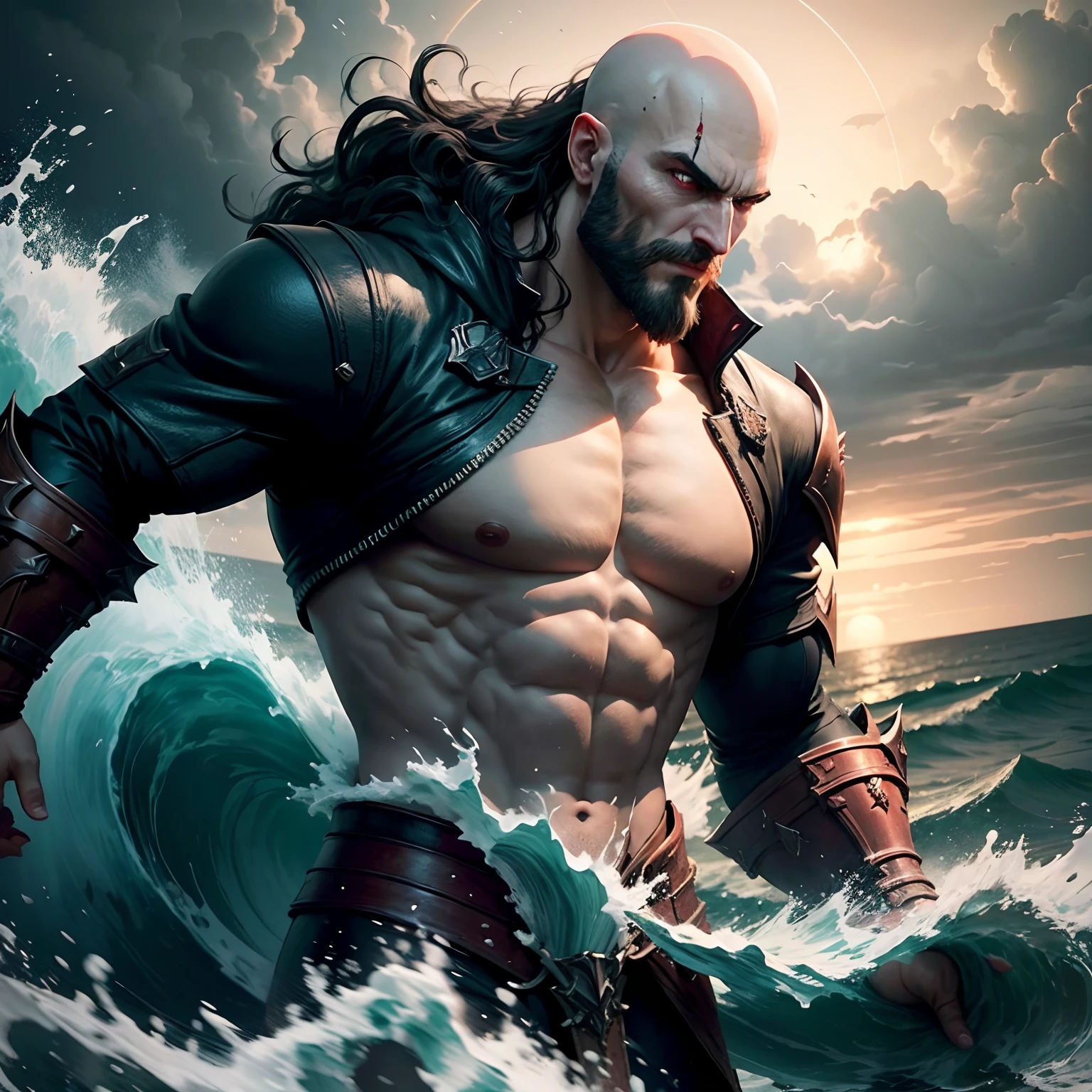 Castlevania Shadow Lord bald beard beautiful on waves of the sea storm environment epic scene super detailed hyper realistic