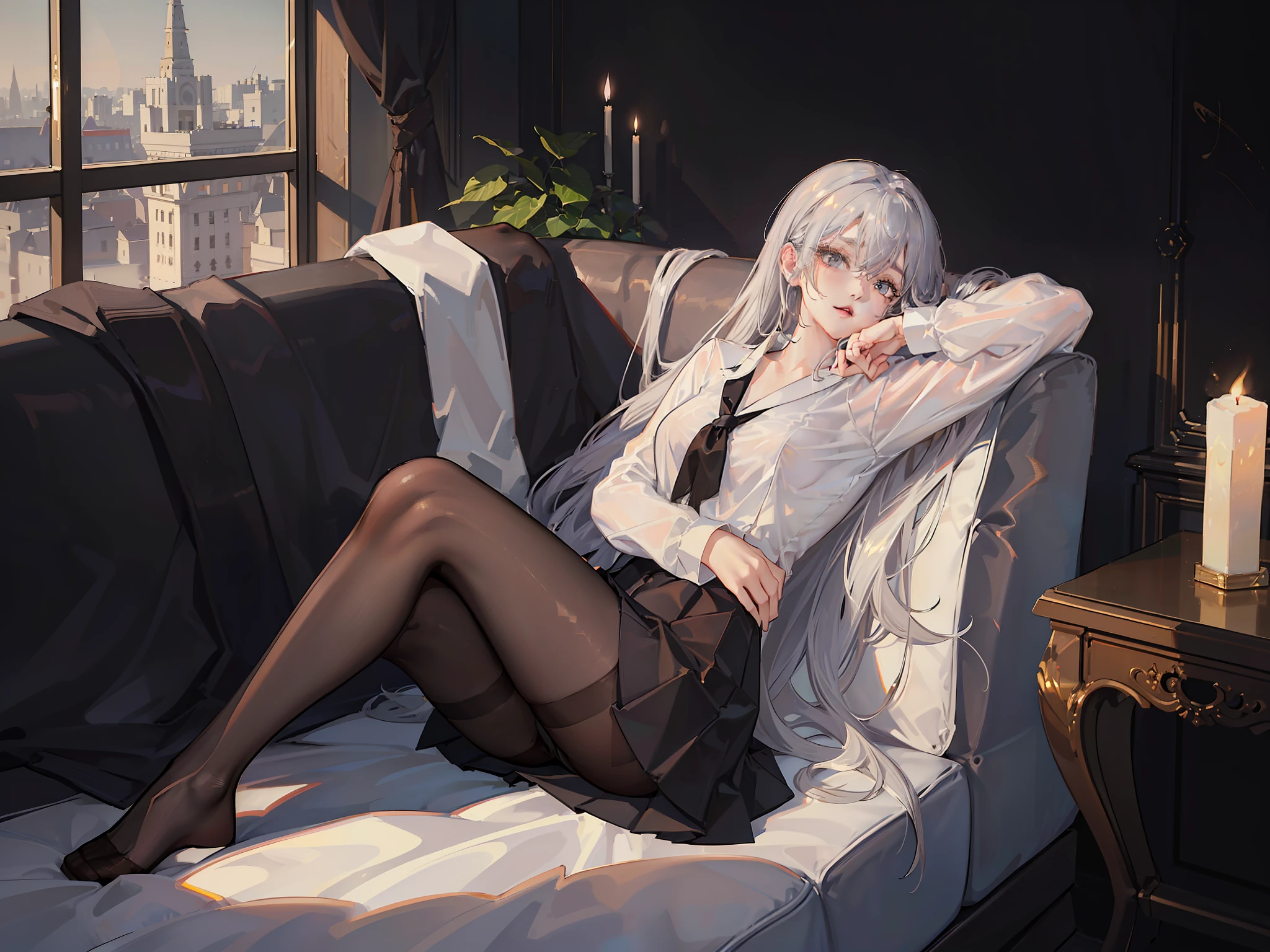 (((Half naked anime girl lying on sofa undressing with her hands，，Hands on the upper and lower legs of the naked body，black uniforms，black reotard，Primetime light and shadow black pantyhose)),Ray tracing,(Dim lighting，luz de velas，waxy candles),[Detailed background (Bedroom)),((Silver hair)),((Dark hair)),(((Fluffy silver hair, plump and slender girl)))golden hair，Golden Eyes Avoid seeing golden eyes in an ominous bedroom ((((Girl in white shirt, Take off your black crinkled skirt，Prime hour light and shadow，