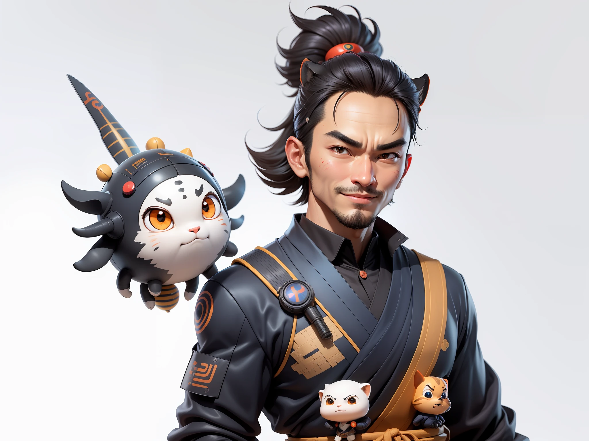 (Daisaku),(Need),(Super meticulous),(full bodyesbian:1.2),Super young man with Japanese geisha，Beautiful，orient，one tiger，Aeolian Thor，Raised sexy，爆乳，Oriental face，TV Anchor，Bust portrait illustration，In black suit，a blue tie，The face is slightly chubby，The face was clean，without a beard，Black super short hair，Black eyes，Smile confidently，3C computer sub-products，iPad， iphone，Digital painting，3D character design by Mark Clairen and Pixar and Hayao Miyazaki and Akira Toriyama，The illustration is a high-definition illustration in 4K resolution，With very detailed facial features and cartoon-style visuals。