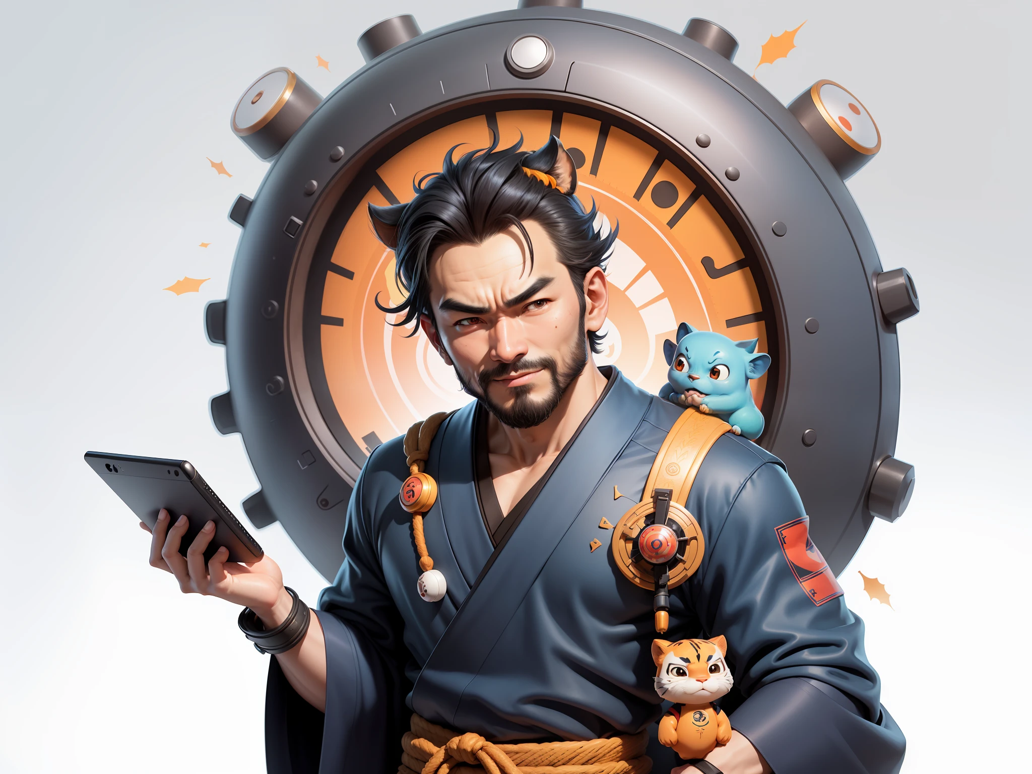 (Daisaku),(Need),(Super meticulous),(full bodyesbian:1.2),Super young man with Japanese geisha，Beautiful，orient，one tiger，Aeolian Thor，Raised sexy，爆乳，Oriental face，TV Anchor，Bust portrait illustration，In black suit，a blue tie，The face is slightly chubby，The face was clean，without a beard，Black super short hair，Black eyes，Smile confidently，3C computer sub-products，iPad， iphone，Digital painting，3D character design by Mark Clairen and Pixar and Hayao Miyazaki and Akira Toriyama，The illustration is a high-definition illustration in 4K resolution，With very detailed facial features and cartoon-style visuals。