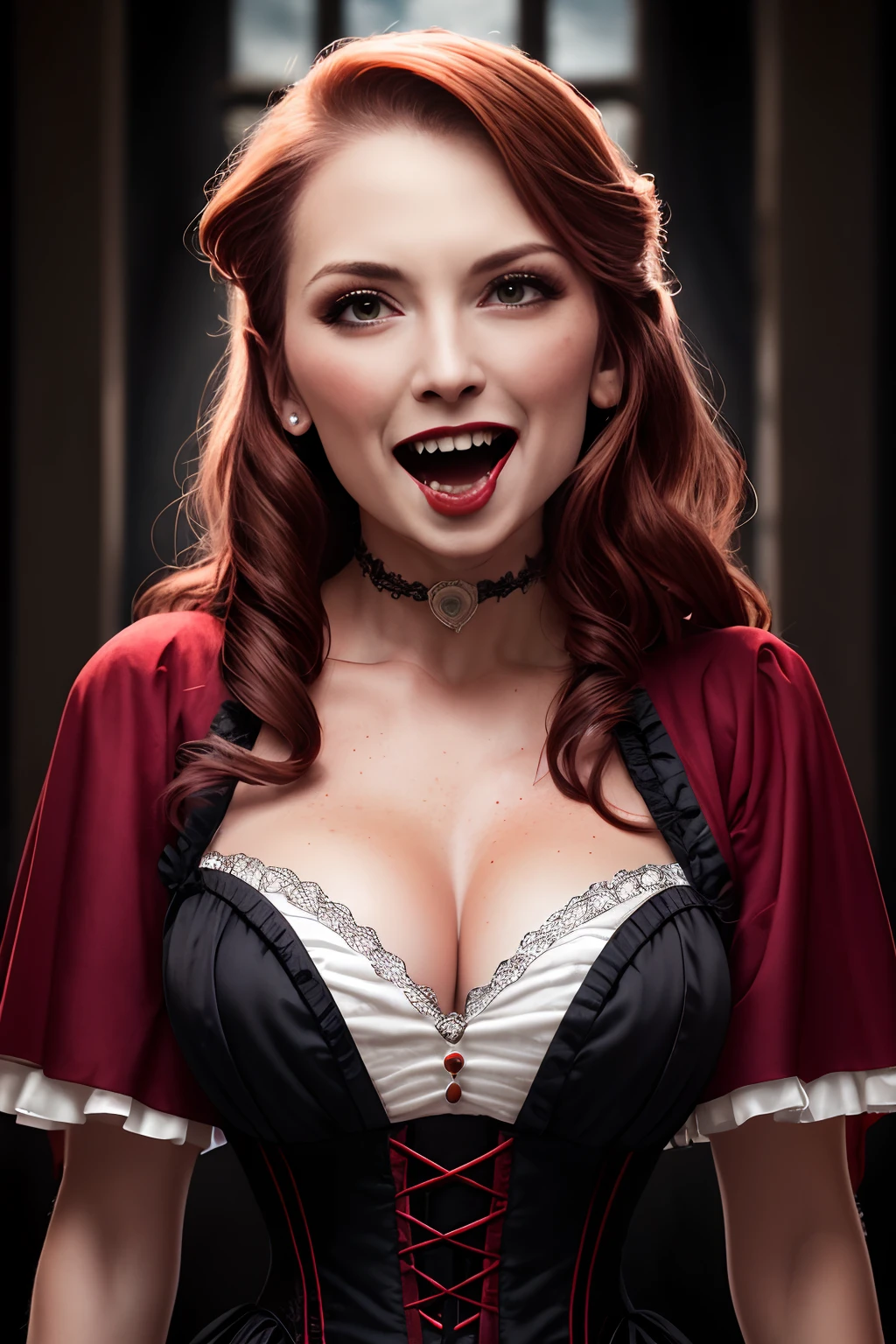 (Vampire:1.5), (canine teeth:1), (fangs:1.5), (red irises:1), (sabertooth:1), beautiful evil, dramatic lighting, highest quality, Cinematic film still, (attractive Anne Bonny), dark atmosphere, toned body, (ripped clothing:0.8), perfect face, looking at viewer, (detailed skin), (freckles:1) (storm clouds:0.7), (stormy weather:0.5), dull, natural lighting, (direct light:0.4), 8mm film grain, photographed on a Sony a9 II, 24mm lens, F/2.8 aperture, deep focus, (RAW), 8k, (still from The Lost night), (sfw:1), (Victorian dress:1.3), layered clothing, corset, (big breasts:1), red velvet, white blouse, full body, action pose, dynamic pose, (noble dress:1)
