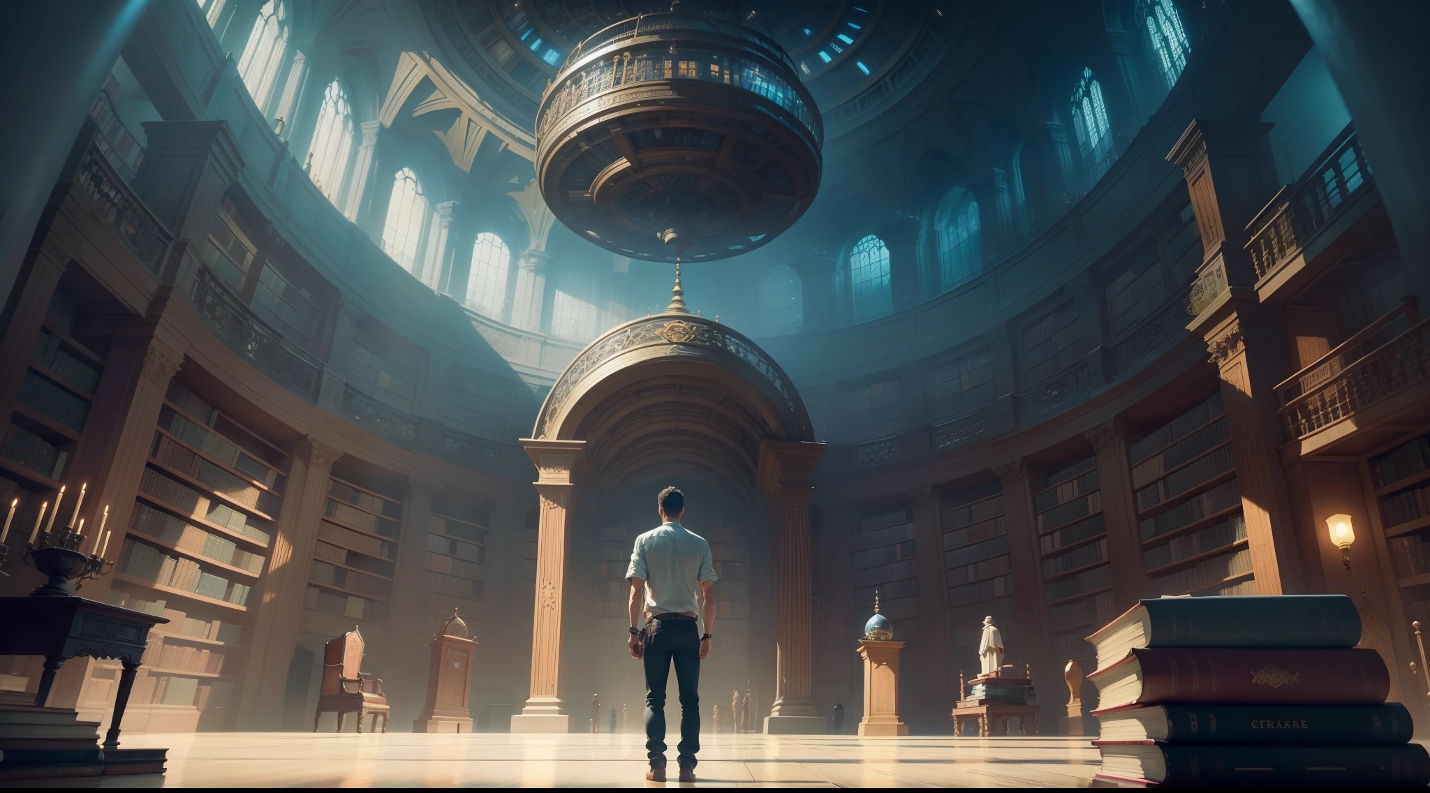 arafed image of a man standing in a library with books, endless books, borne space library artwork, books cave, fantasy book illustration, spiral shelves full of books, infinite celestial library, an eternal library, gothic epic library concept, magic library, japanese sci - fi books art, beeple and jean giraud, books all over the place