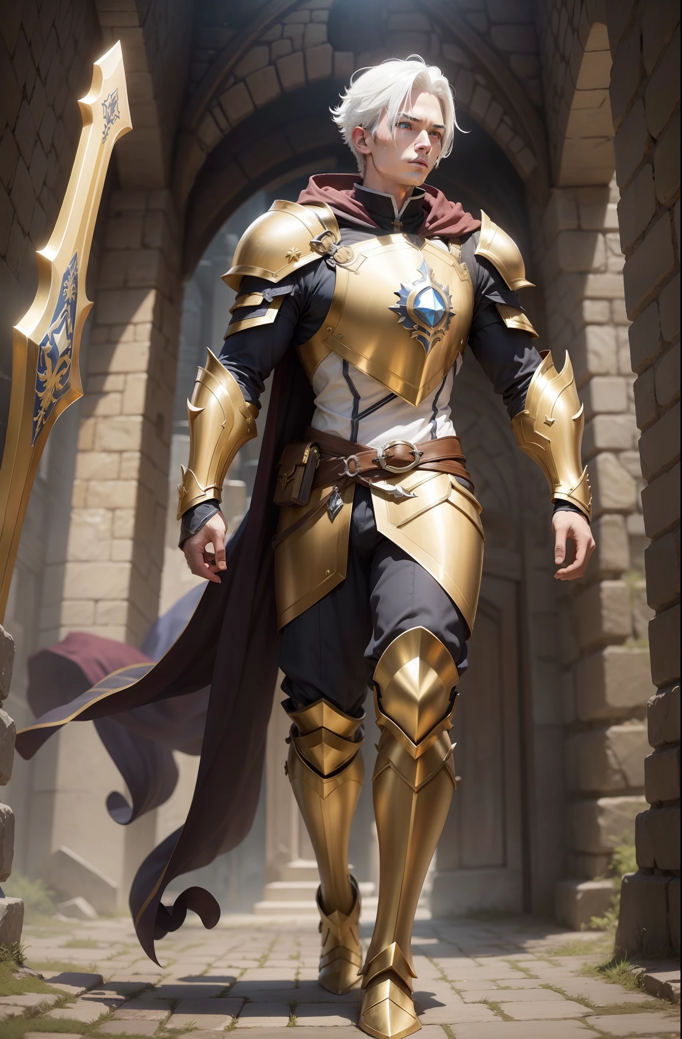 man tower shield Fantasy action golden armor brave white hair full body