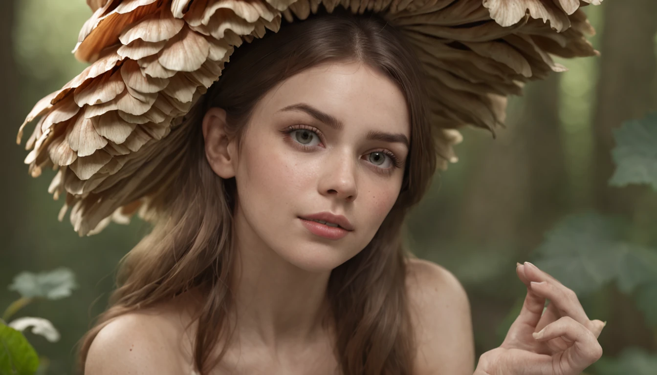 funny real girl looking like forest fairy under big mushrooms, , in the style of unreal engine 5, duffy sheridan, 32k uhd, douglas smith, michael malm, hyper-realistic representation, close up