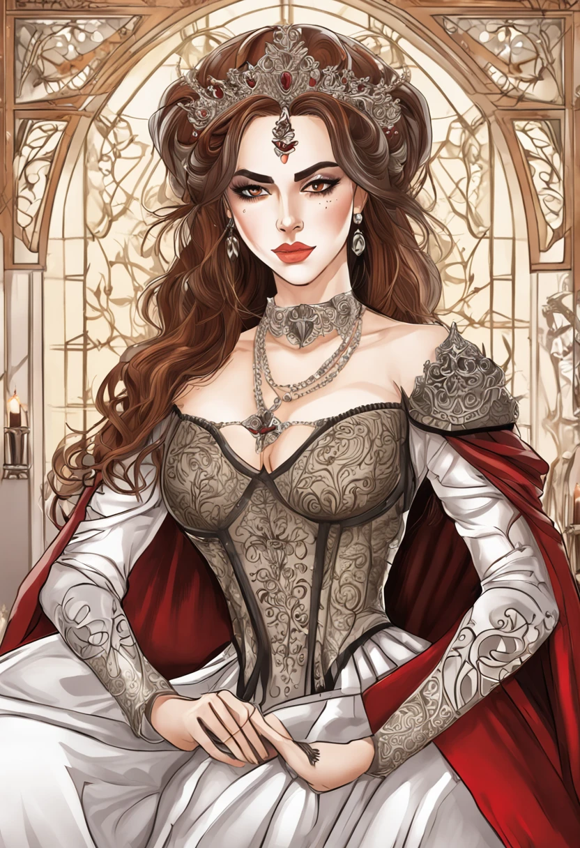 masutepiece, ccurate, anatomicamente correto, pele texturizada, Super Detalhe, Detalhes altos, alta qualidade, premiados, best quality, alta resolução, 8k，Female vampire royal queen sitting in a chair、Black aristocratic Gothic dress、Vestido Preto Real，Coroa da Rainha，((In his right hand is the Reaper's sickle))，Red moon peeking through the clouds、(O vampiro brilha para o inimigo da cadeira)，((Do not take off your clothes、Do not expose the breasts))，Tiros largos、olhar irritado，((Seios pequenos:1.8))，Demagogic smile、dentes duplos afiados e longos、Maquiagem colorida，Sobrancelhas rebaixadas、Efeito clareador，((Um olhar tingido de alegria))，((Ephemeral woman))，figura magra,olhos e rosto extremamente detalhados、belos olhos detalhados,Peles bonitas,O brilho dos detalhes、O brilho dos detalhes，cabelos lisos，Detailed hairs，Pelos muito finos ,Perna fina,coxa magra,pernas extremamente bonitas,Perna fina，luar，(Cool color lighting)，Noite，(olhos vermelhos brilhantes:1.6)、Asas de morcego,Luz, Pele leitosa，gothic horror，