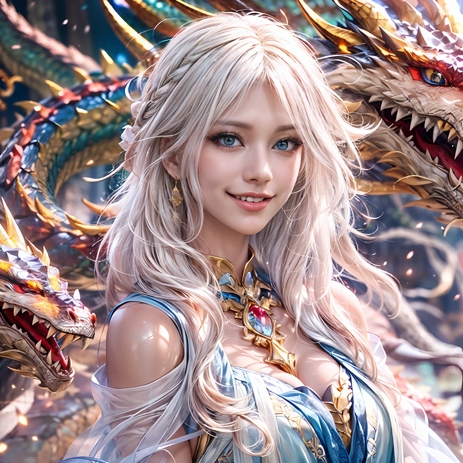 dragon_real, (чрезвычайно детализированные обои CG unity 8k, tmasterpiece, beste-Qualit, Ultra-detailed, beautiful detail eyes: 1.2), better lighting (better shadow, extremely delicate and beautiful, flowering), ((Pretty girl with long white hair and blue eyes smiling)), was surrounded by dragons, (1 girl: 1.4), white see-through dress, a gold & Jewelry (The color of the dragon: 1.4), by Greg Rutkowsky