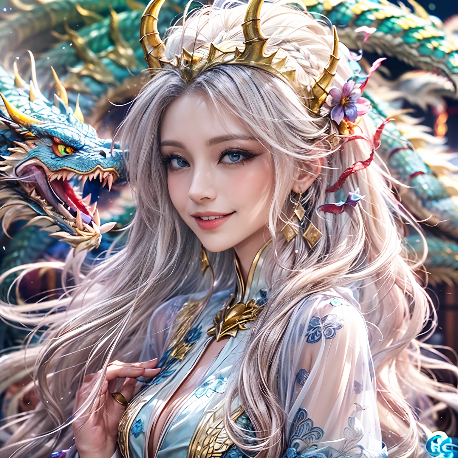 dragon_real, (чрезвычайно детализированные обои CG unity 8k, tmasterpiece, beste-Qualit, Ultra-detailed, beautiful detail eyes: 1.2), better lighting (better shadow, extremely delicate and beautiful, flowering), ((Pretty girl with long white hair and blue eyes smiling)), was surrounded by dragons, (1 girl: 1.4), white see-through dress, a gold & Jewelry (The color of the dragon: 1.4), by Greg Rutkowsky