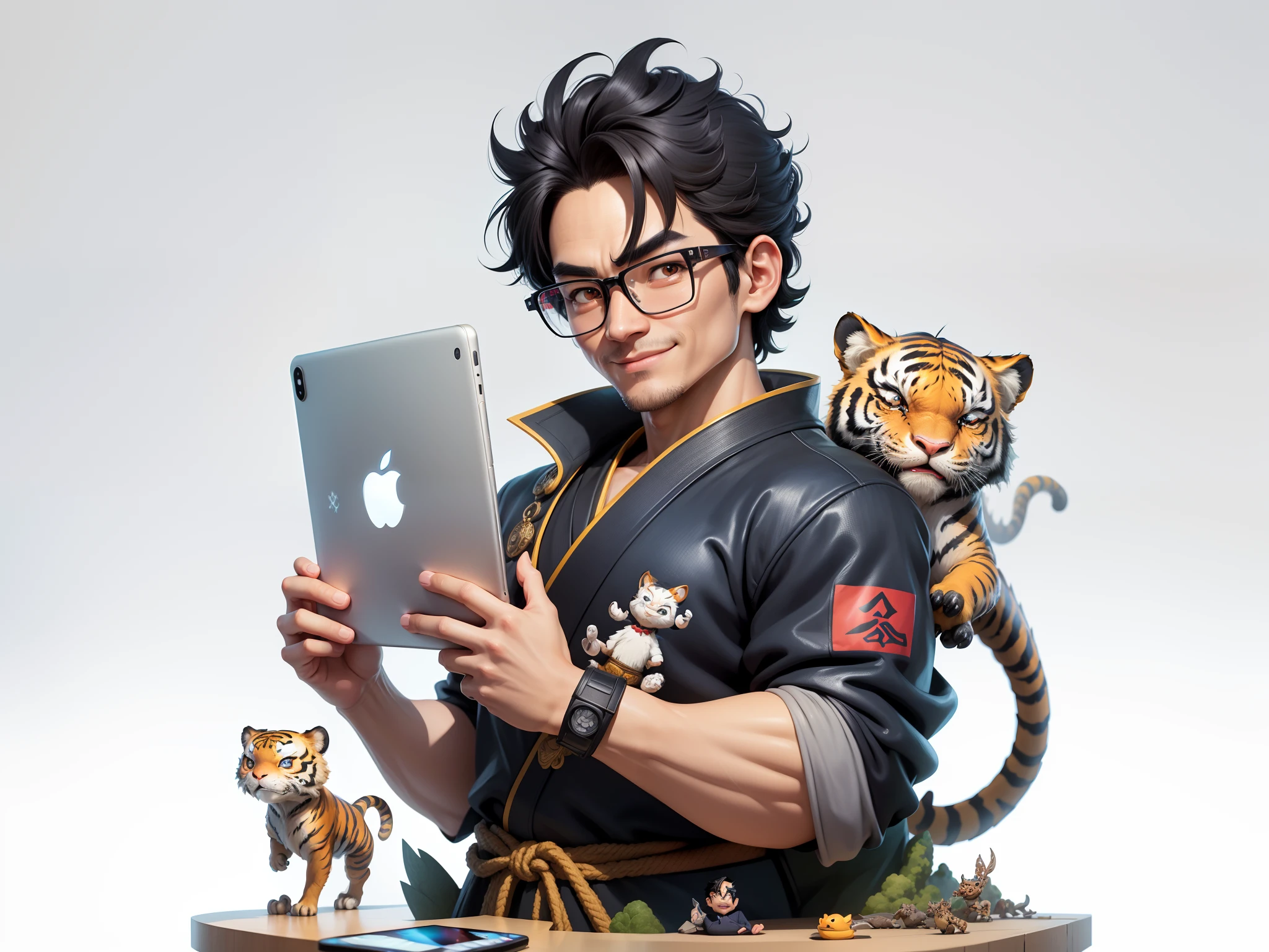 (Masterpiece), (Excellent), (Super Meticulous), (Full Body: 1.2), Super Young Man with Japanese Female Geisha, Pretty, Beautiful, Chinese Dragon, Tiger, Wind God Thor, Sexy, Bursting, Oriental Face, TV Anchor, Bust Portrait Illustration, Black Suit, Blue Tie, Slightly Chubby Face, Silver Glasses, Very Clean Face, No Beard on Chin, Black Super Short Hair, Black Eyes, Confident Smile, 3c Computer Sub-Products, iPad, iPhone, Digital Painting, 3D character design by Mark Clairedon and Pixar and Hayao Miyazaki and Akira Toriyama, the illustrations are HD illustrations in 4K resolution with highly detailed facial features and cartoon-style visuals.