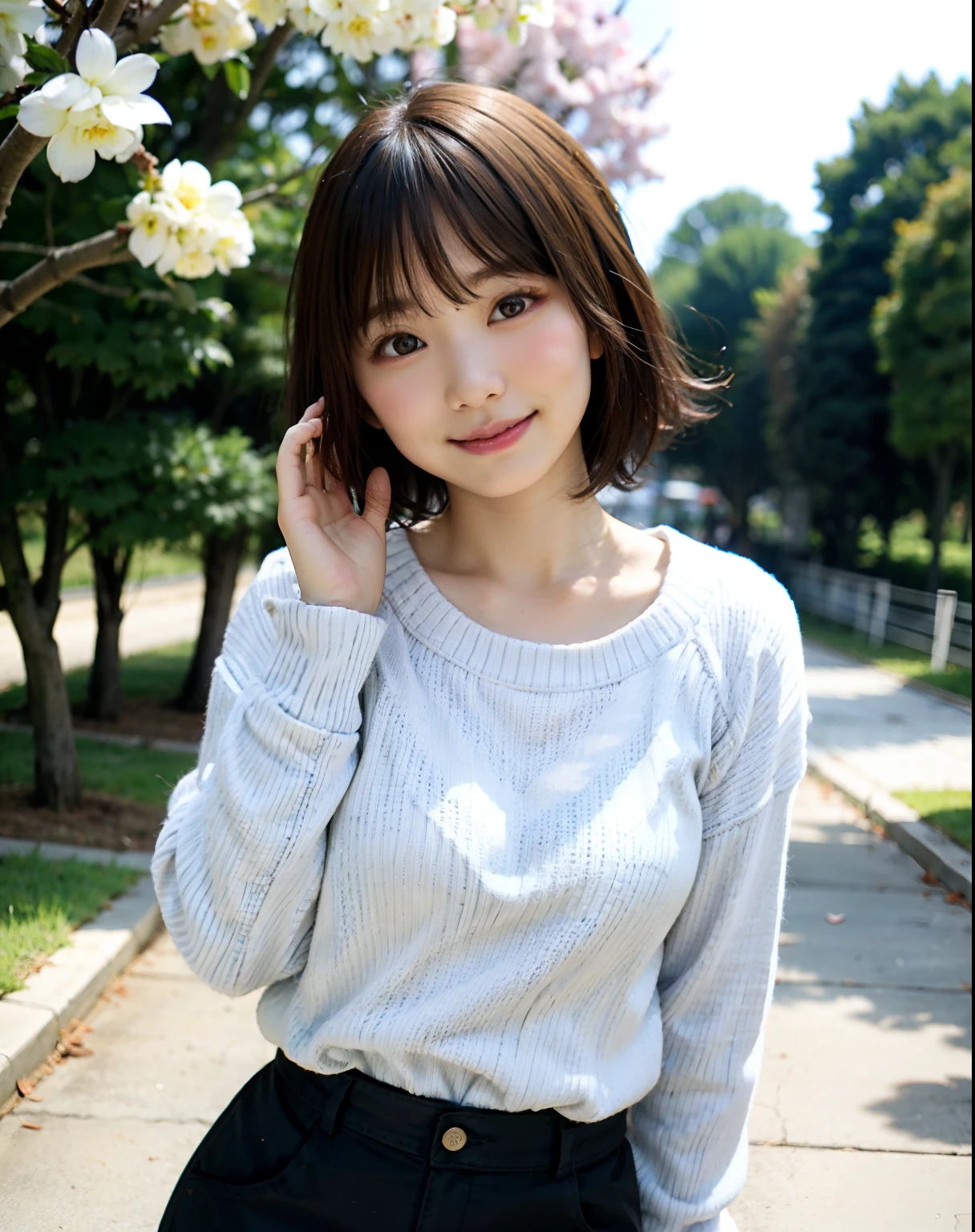 One woman posing in casual clothes、Standing with cherry blossoms in the background、looking at the viewers、Pose with a smile(top-quality、​masterpiece)))、Wearing glasses、hight resolution、ighly detailed、​masterpiece、Movie Lighting、(8K、top-quality、​masterpiece:1.2)、(realisitic、Photorealsitic:1.37) Hi-Res、Super Detail、Asian, cute little, cute  face, 独奏, Short hair 1.2, Textured skin, beautiful smiling face, Beautiful detailed sky, Movie Lighting, depth of fields, Lens flare light、(The upper part of the body:0.5)、Dating、(blush nose)、(a smile:1.15)、(Mouth closed)tiny chest、beautiful finely detailed eyes、(Sweaters:1.1)、(shorth hair:1.2)、Floating hair Nova frog style