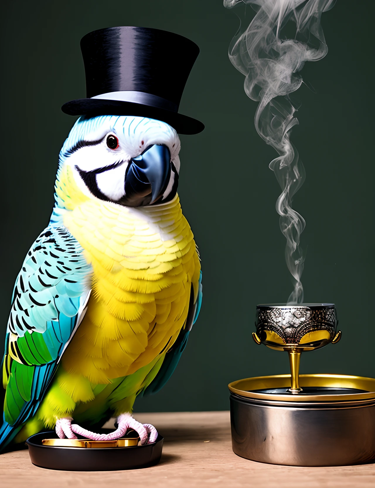 "Portrait of a Budgerigar Parrot donning a stylish top hat, perched elegantly beside a vintage ashtray adorned with cigars."