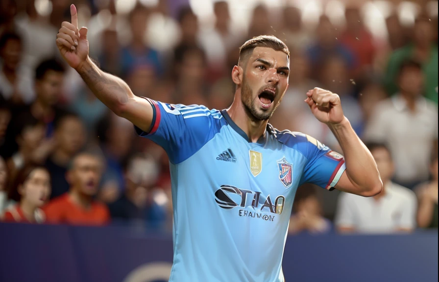 (estilo de FIFA 23, futebol, jogadores talentosos, Packed stadium, partida emocionante, movimento fluido, Realistic graphics, excitement in the field, extravagant celebrations, show de luzes, detalhes impressionantes)