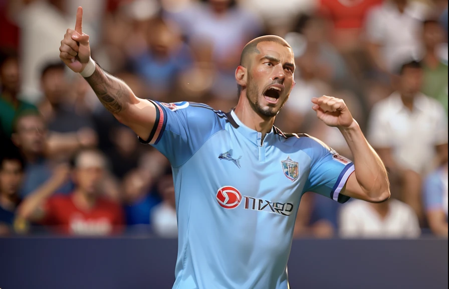 (estilo de FIFA 23, futebol, jogadores talentosos, Packed stadium, partida emocionante, movimento fluido, Realistic graphics, excitement in the field, extravagant celebrations, show de luzes, detalhes impressionantes)