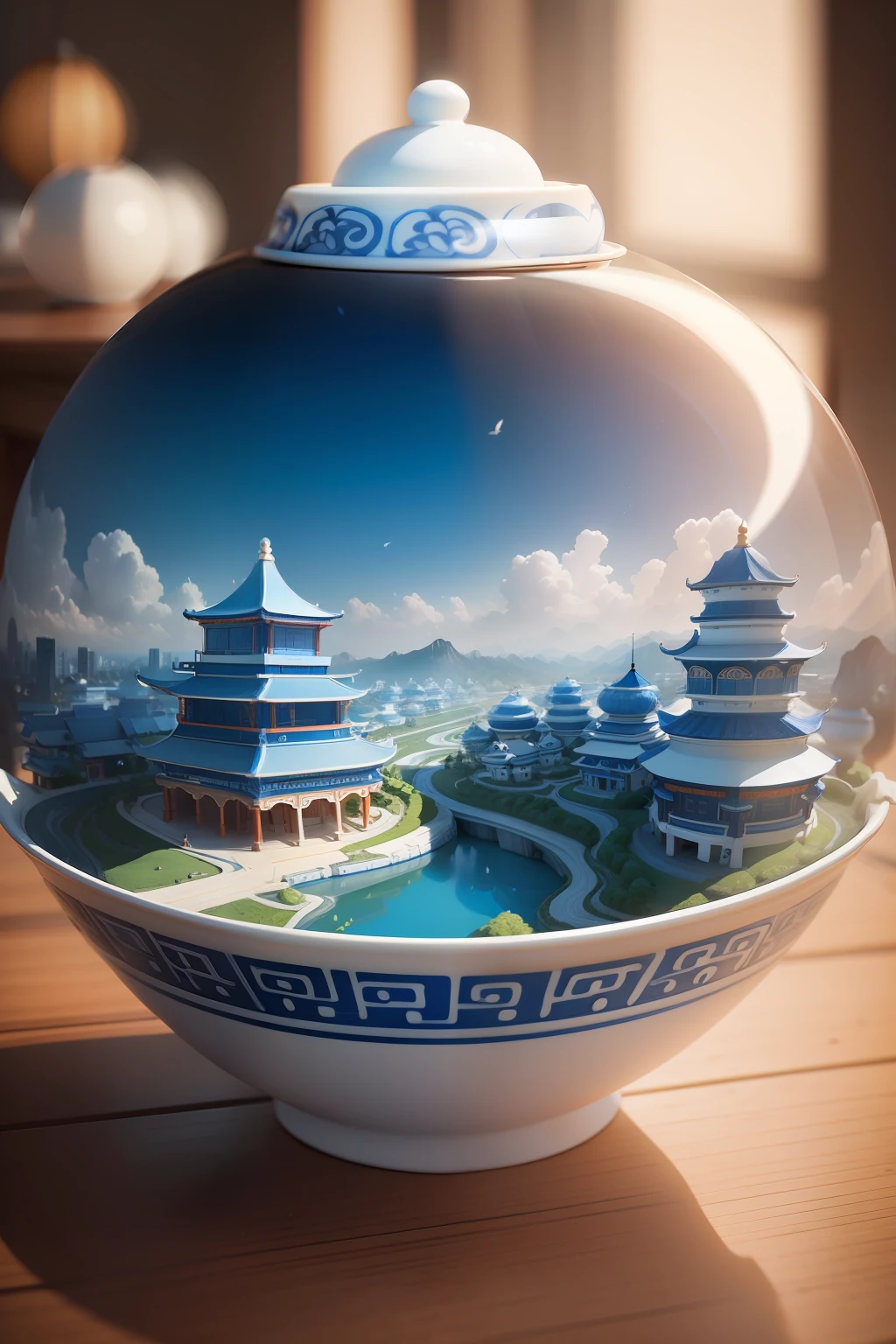 Chinese blue and white porcelain bowl is 3DChinese city street, surreal 3D landscape style, miniature landscape, blue and white orange, soft dream atmosphere, surreal style, ethereal dream, white background, bright background, simple and clean picture,8K --ar 3:4 --s 300