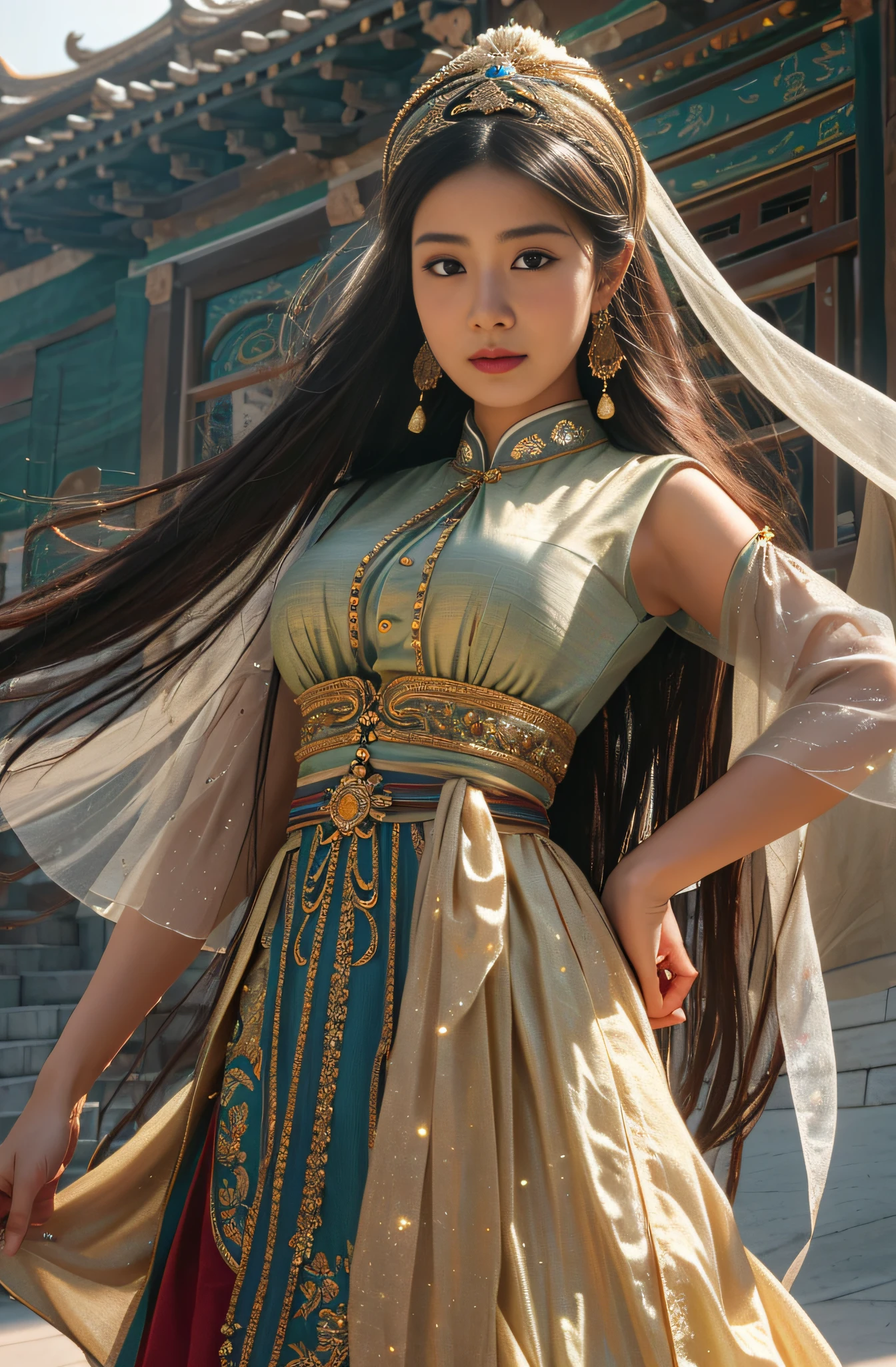 (RAW photo, Best quality), (Realistic, photo-realistic:1.3),Turban dress, Best quality, Highly detailed, Masterpiece, Ultra-detailed, illustration, 1girll, The upper part of the body_Body, Dynamic Angle, world masterpiece theater, Messy_Long_Hair, Best quality, Extremely detailed Cg Unity 8K wallpaper, ink, Amazing, Cinematic lighting, lens_flare, dunhuang_Style,
